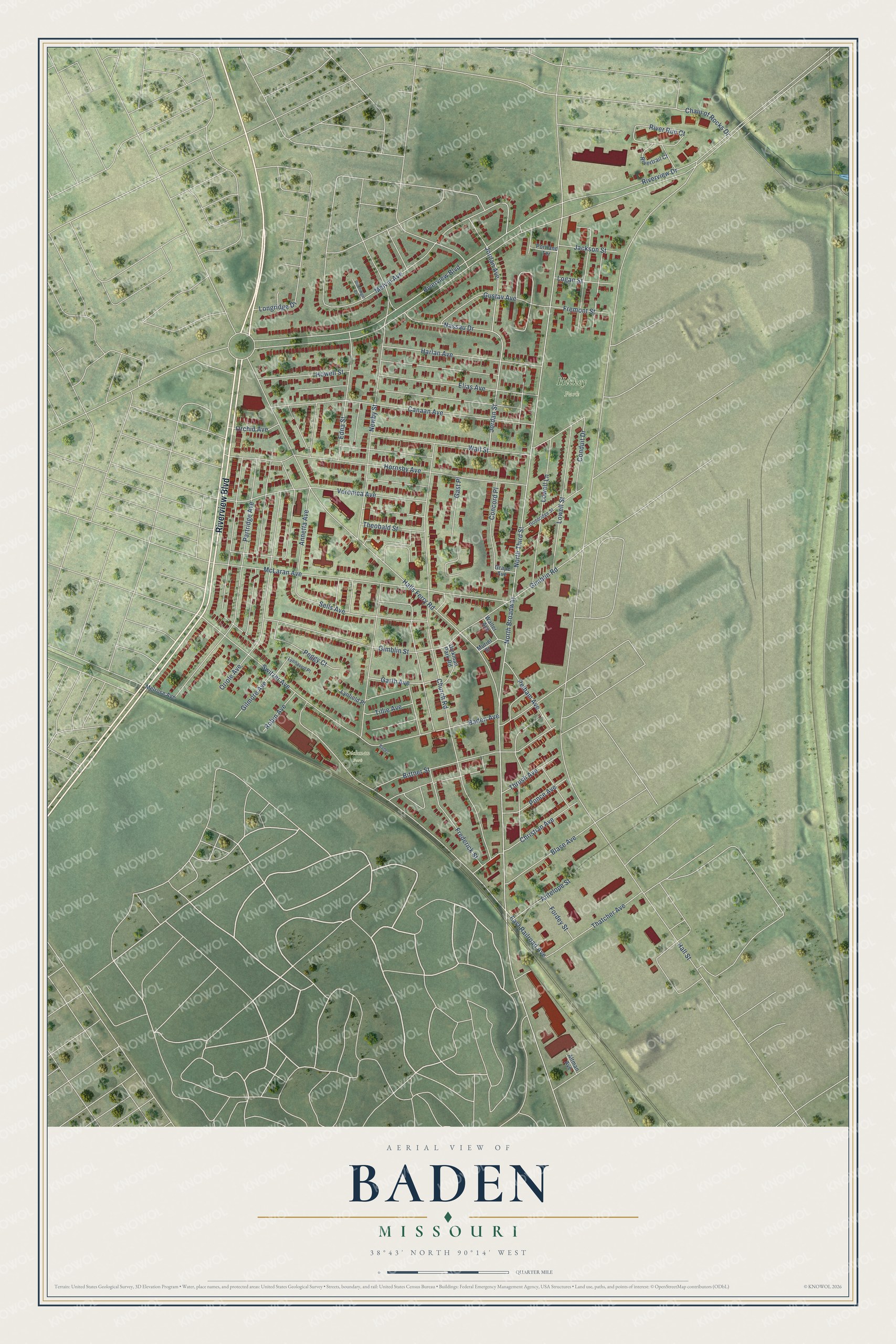 Full map of Baden, Missouri, with red buildings, printed street names and the land around them
