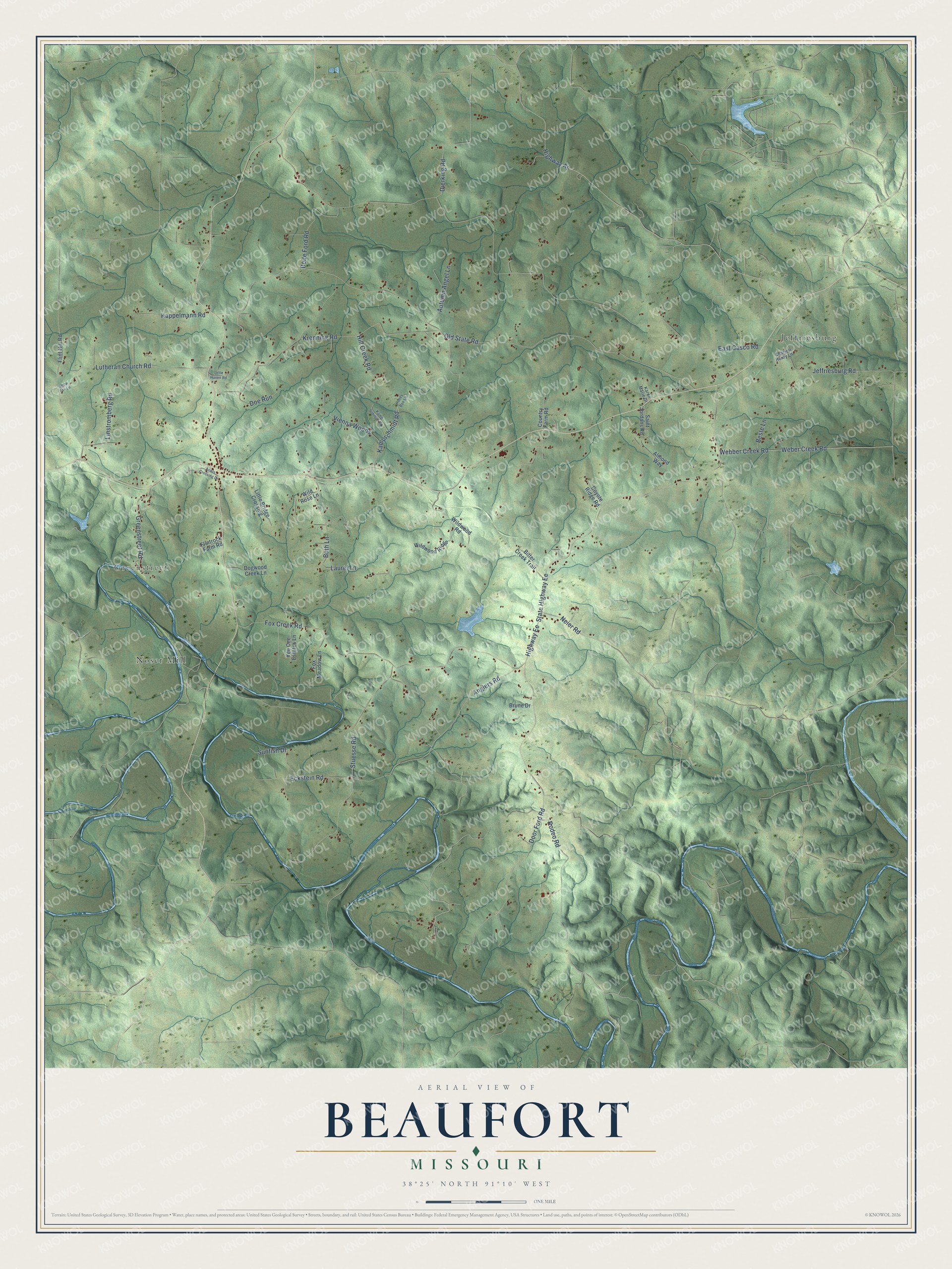 Full map of Beaufort, Missouri, with red buildings, printed street names and the land around them