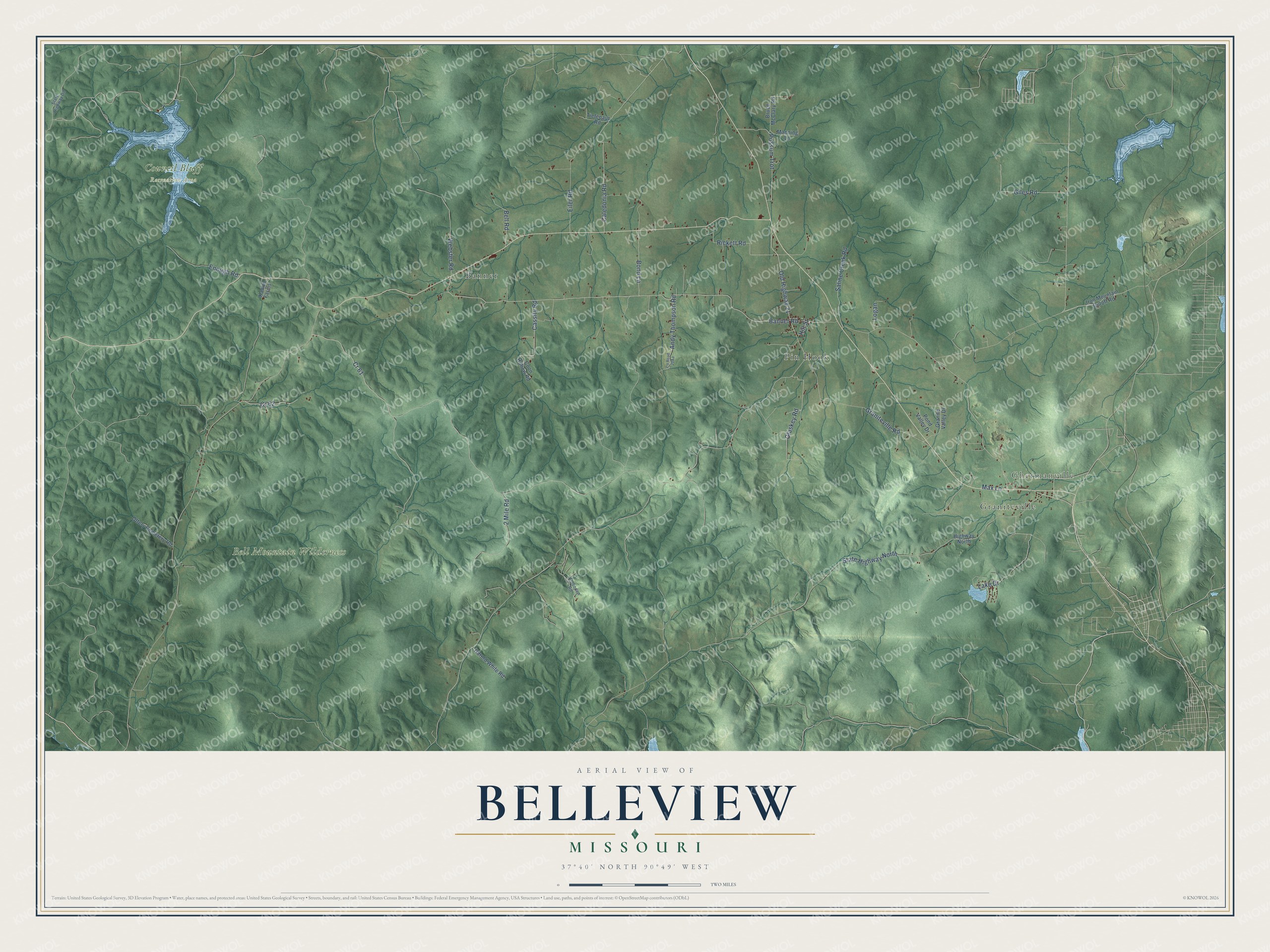 Full map of Belleview, Missouri, with red buildings, printed street names and the land around them