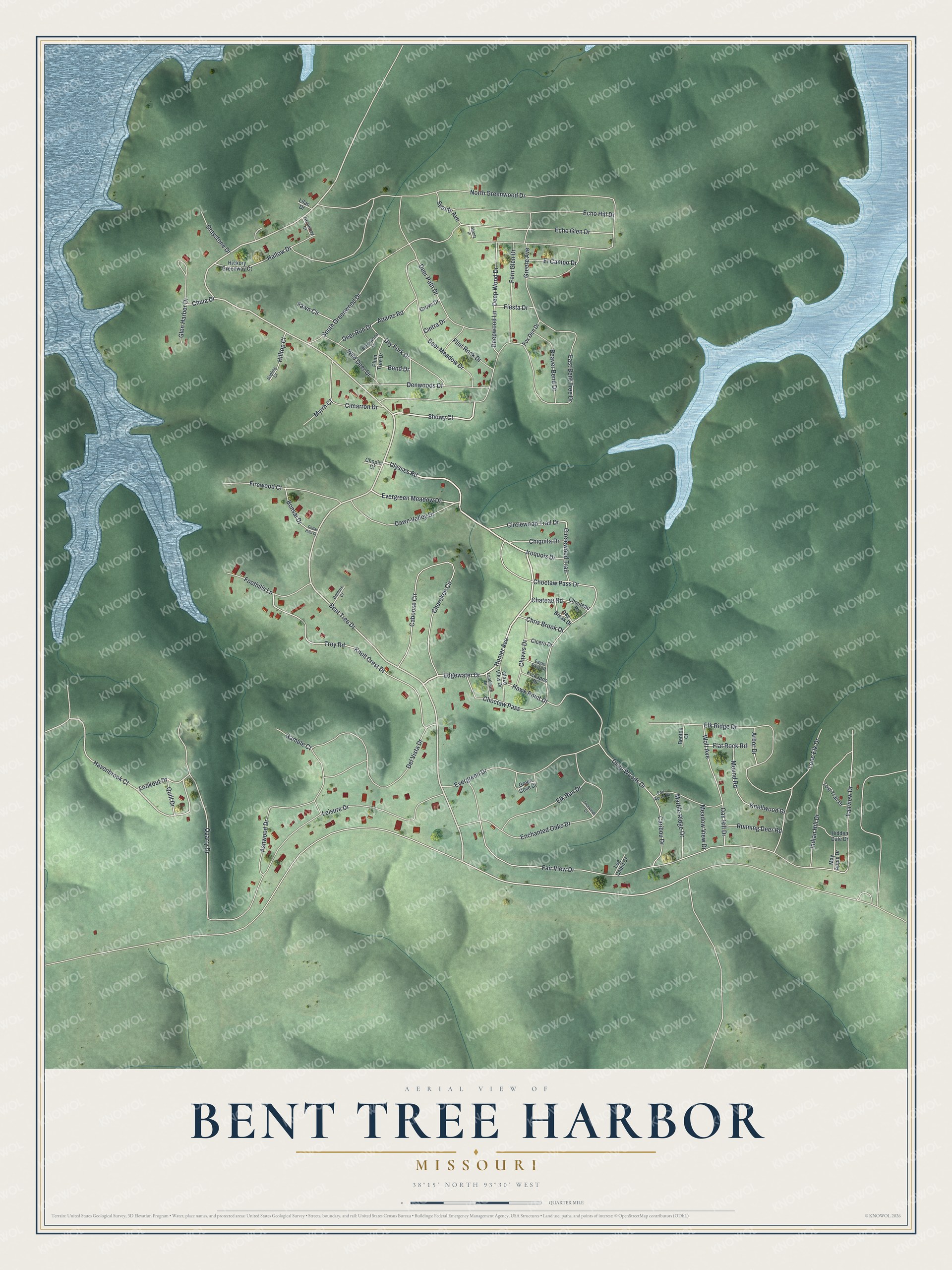 Full map of Bent Tree Harbor, Missouri, with red buildings, printed street names and the land around them
