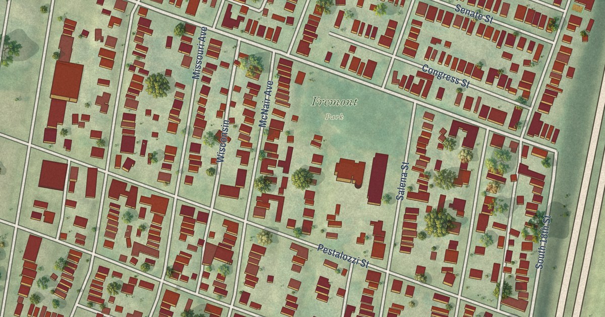 Close-up of streets and buildings in Benton Park, Missouri