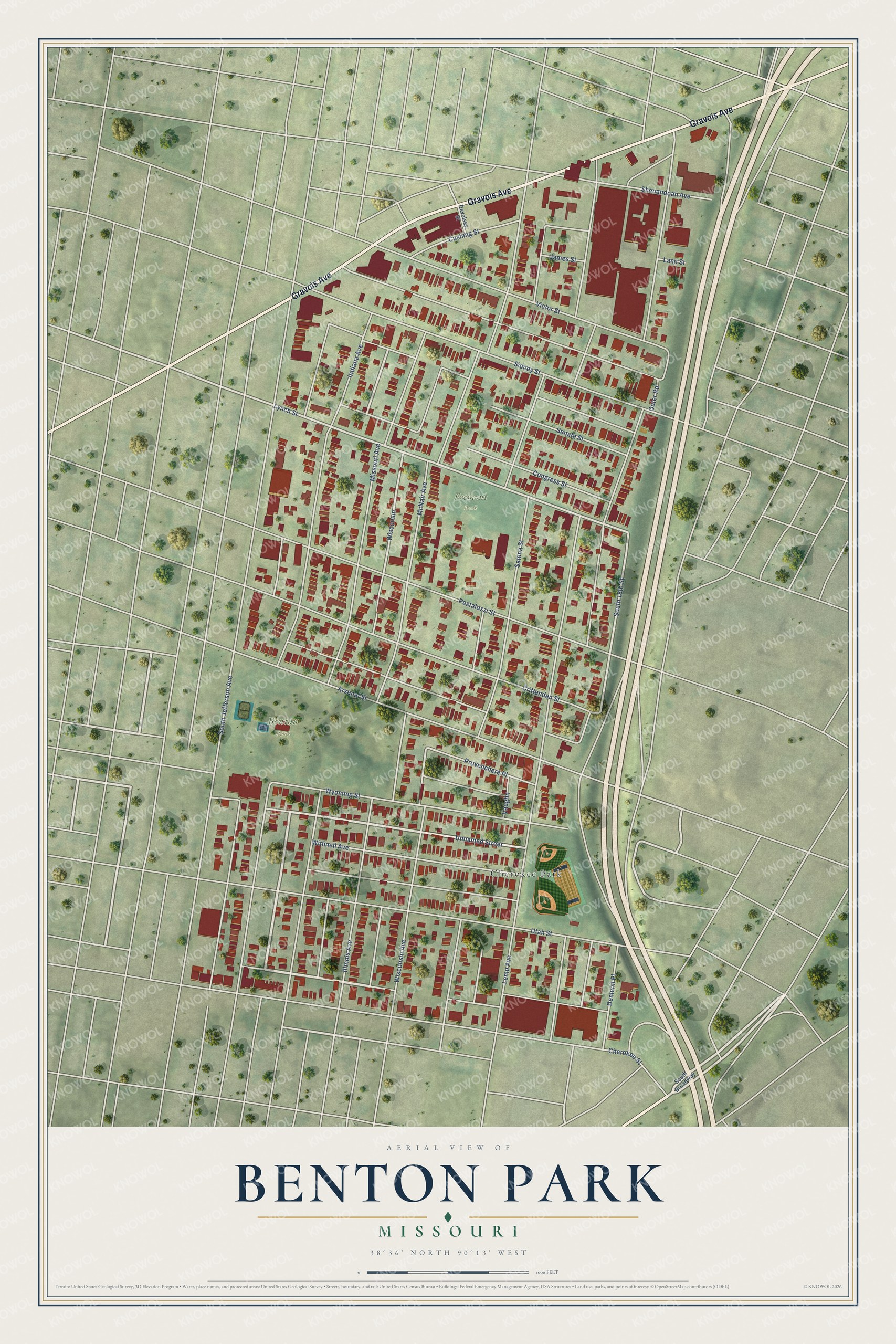 Full map of Benton Park, Missouri, with red buildings, printed street names and the land around them