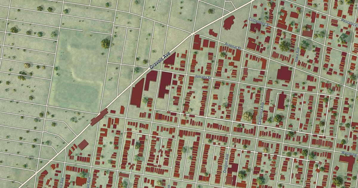 Close-up of streets and buildings in Benton Park West, Missouri