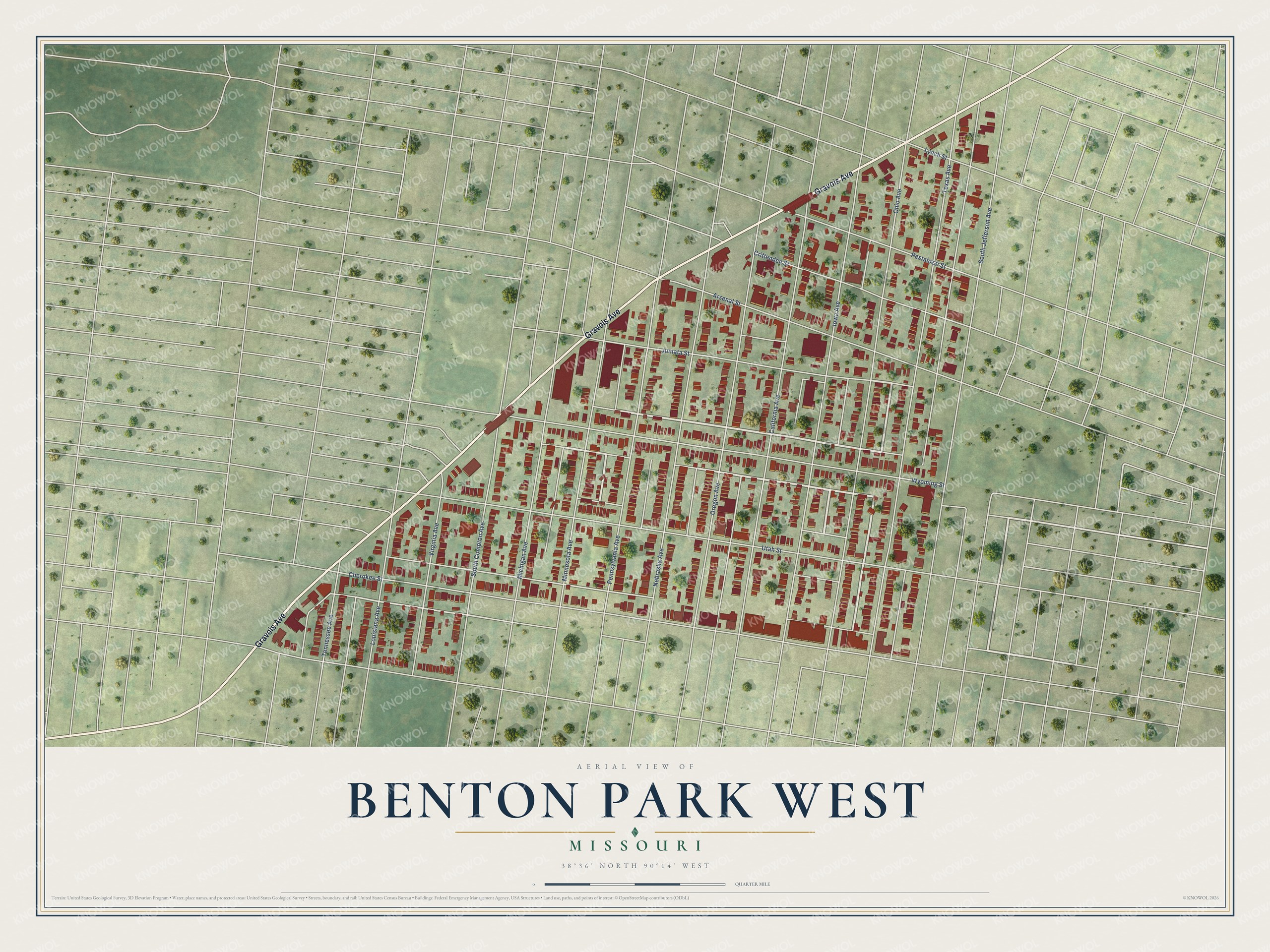 Full map of Benton Park West, Missouri, with red buildings, printed street names and the land around them