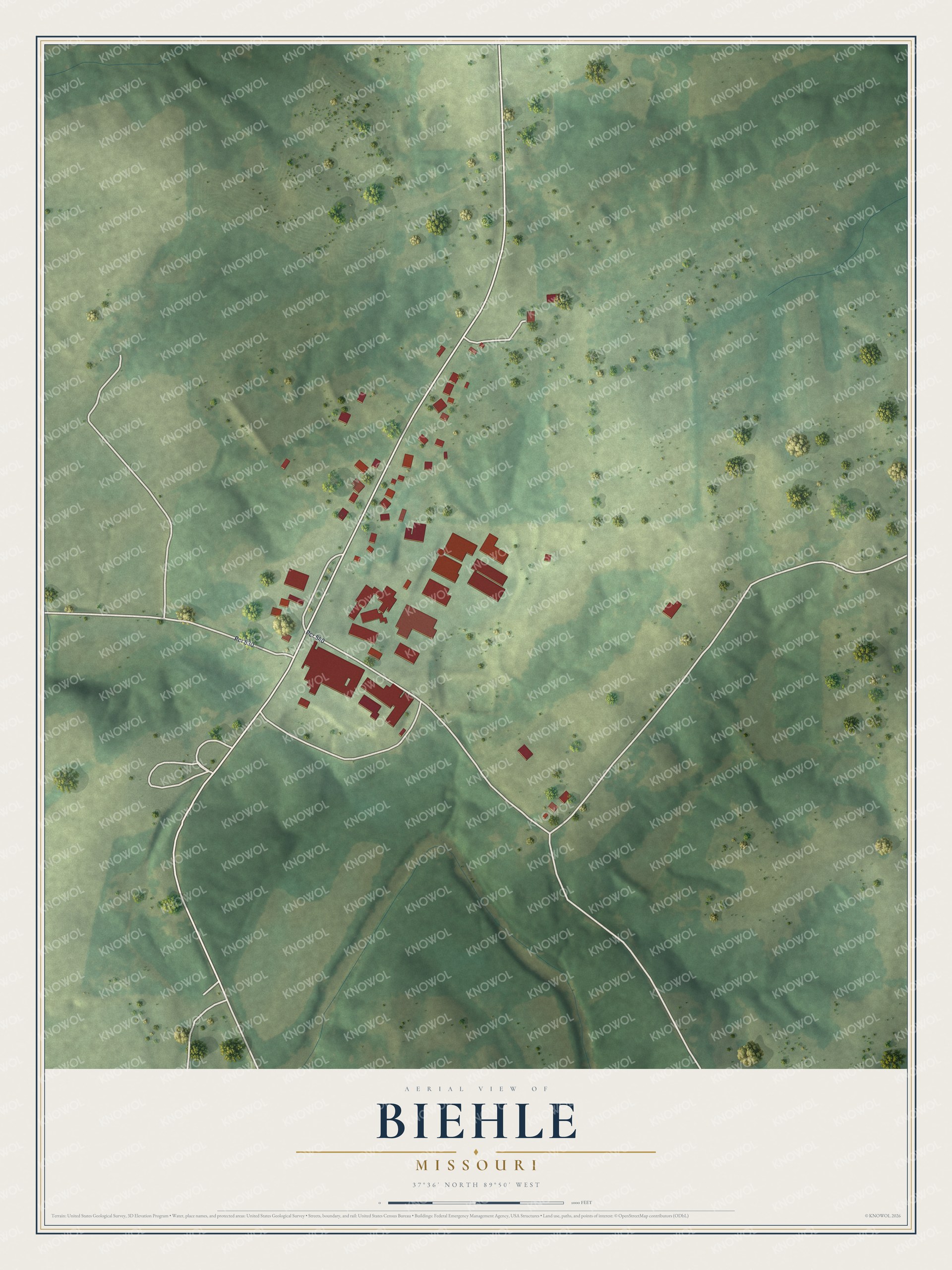 Full map of Biehle, Missouri, with red buildings, printed street names and the land around them