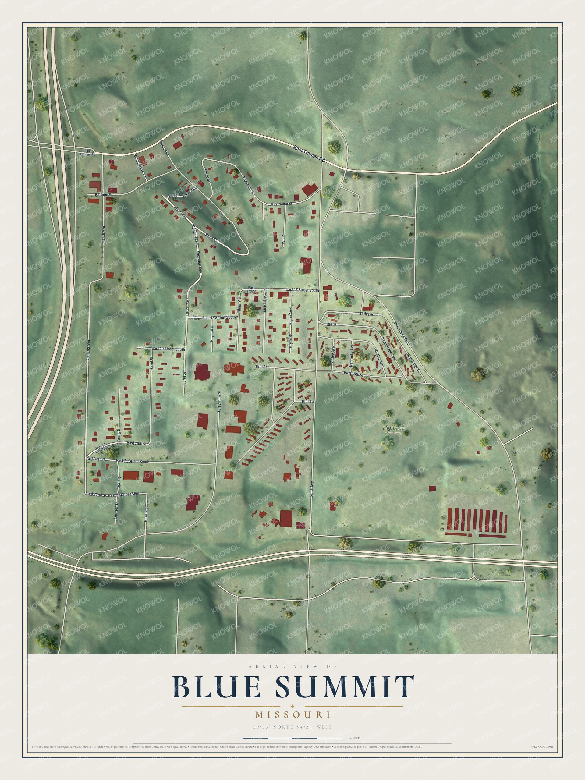 Full map of Blue Summit, Missouri, with red buildings, printed street names and the land around them