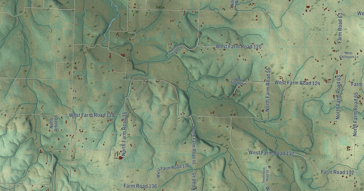 Close-up of streets and buildings in Bois D’Arc, Missouri