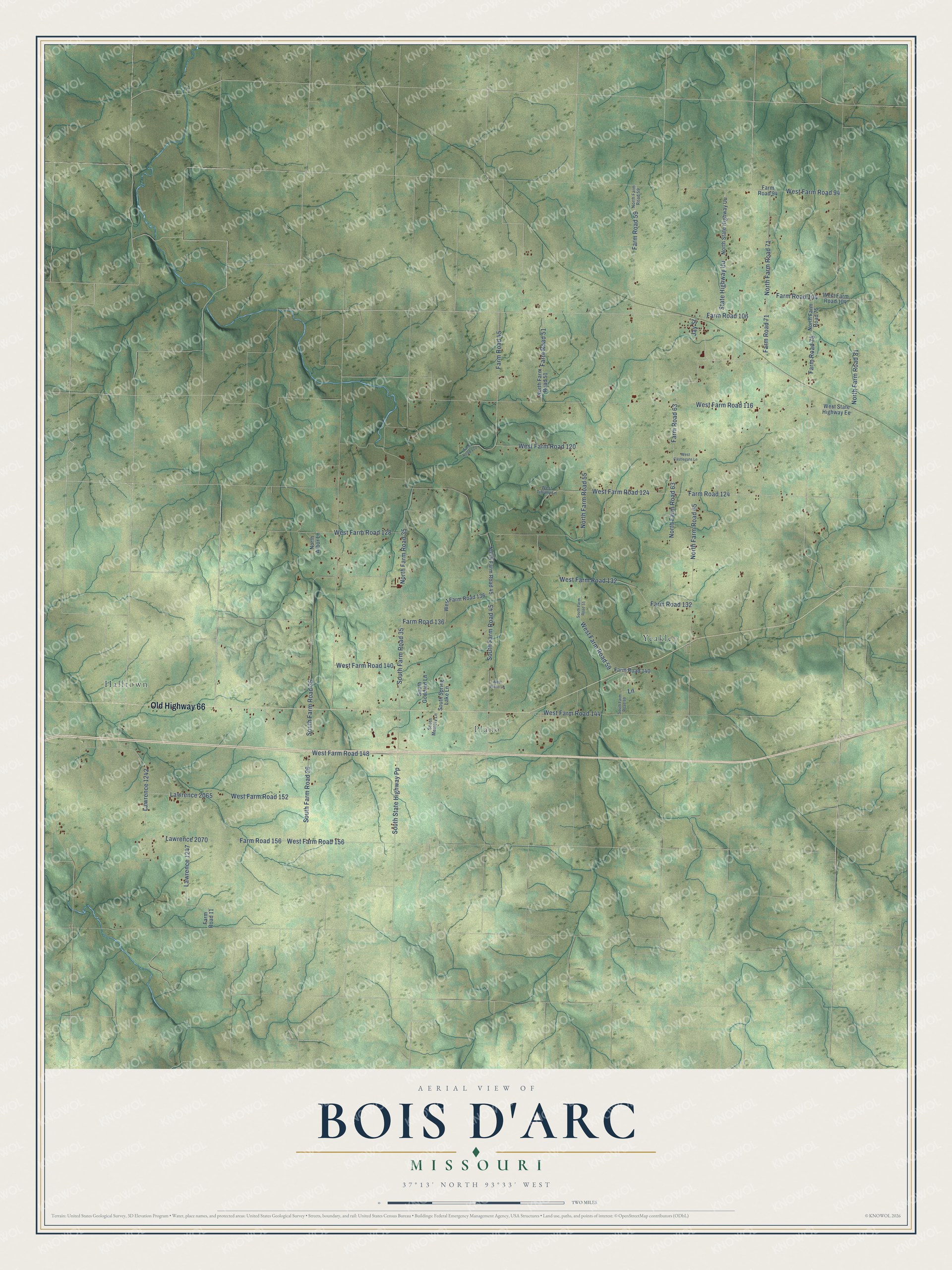 Full map of Bois D'Arc, Missouri, with red buildings, printed street names and the land around them