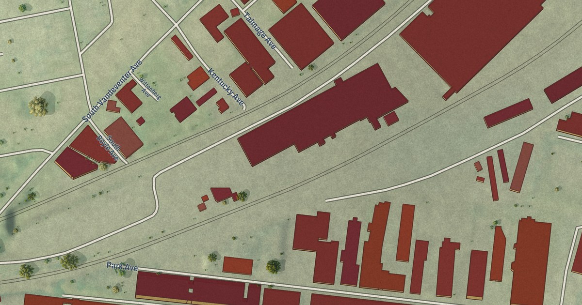 Close-up of streets and buildings in Botanical Heights, Missouri