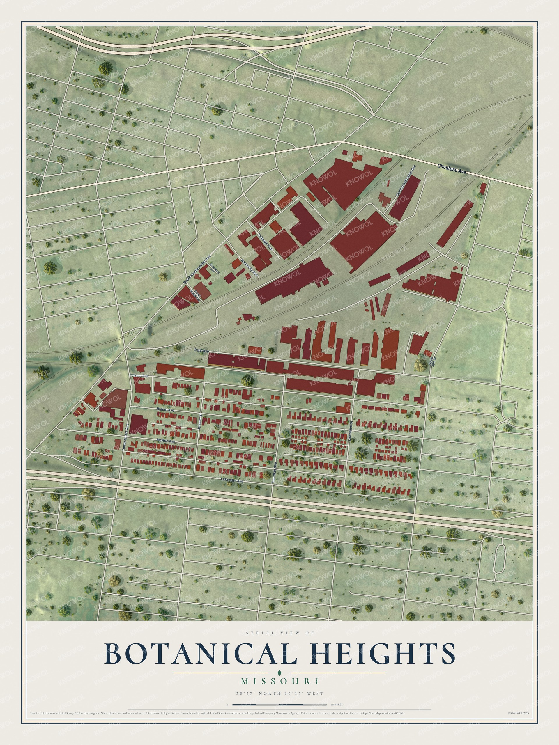 Full map of Botanical Heights, Missouri, with red buildings, printed street names and the land around them