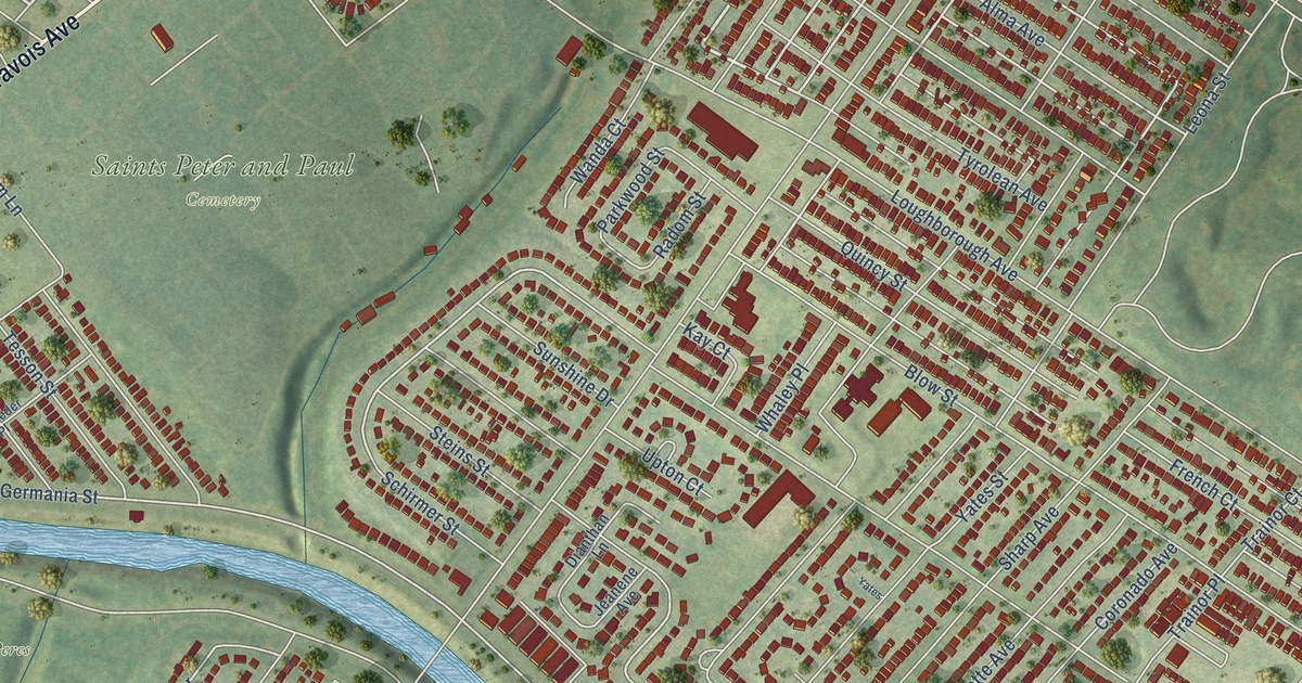 Close-up of streets and buildings in Boulevard Heights, Missouri