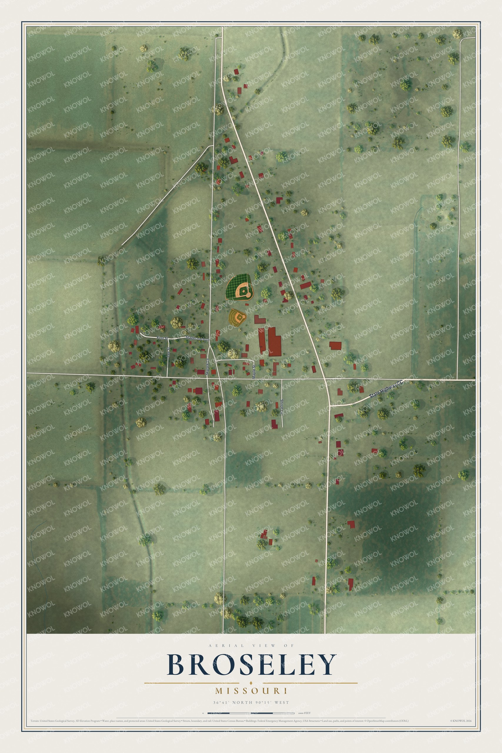 Full map of Broseley, Missouri, with red buildings, printed street names and the land around them