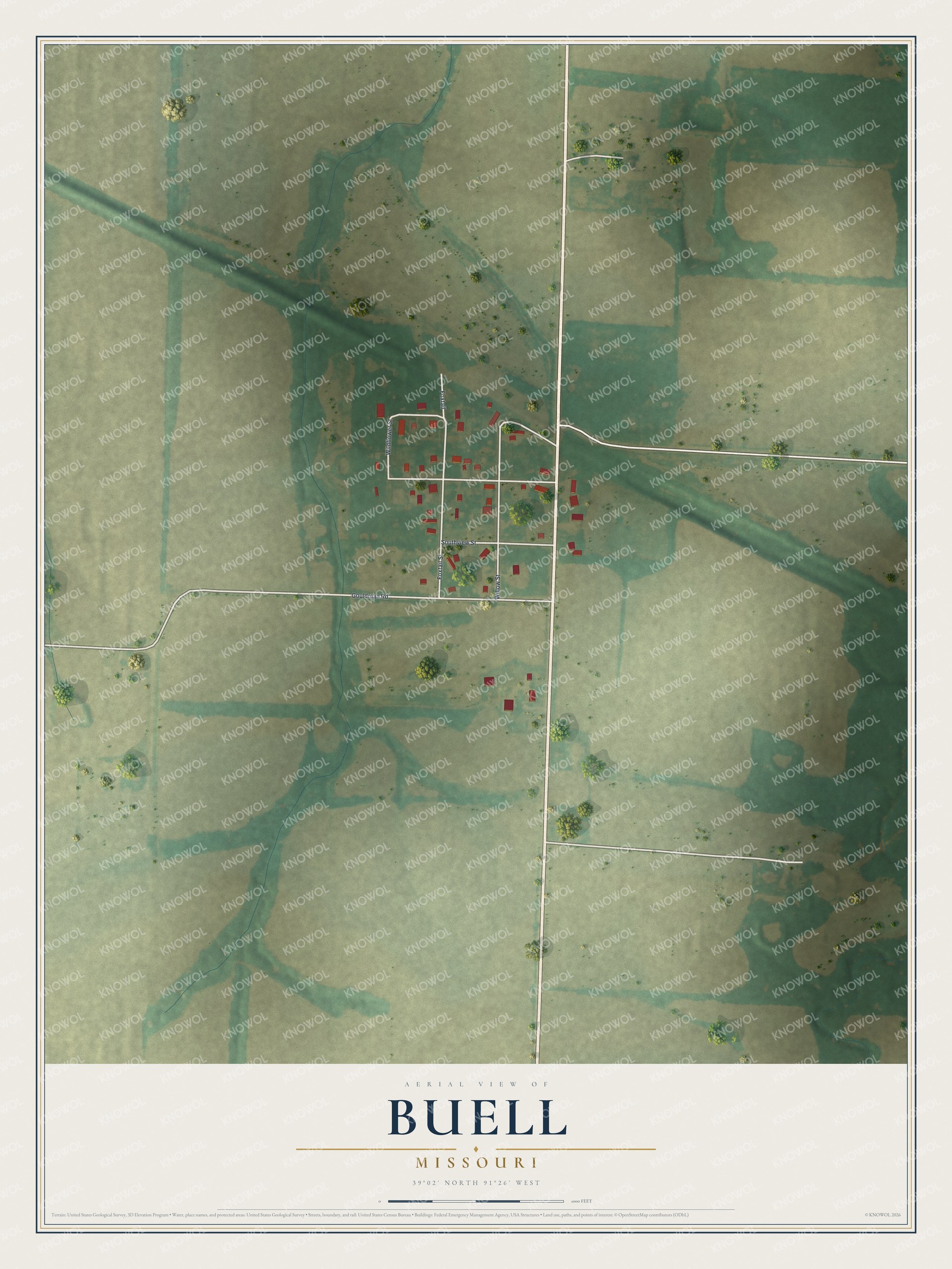 Full map of Buell, Missouri, with red buildings, printed street names and the land around them