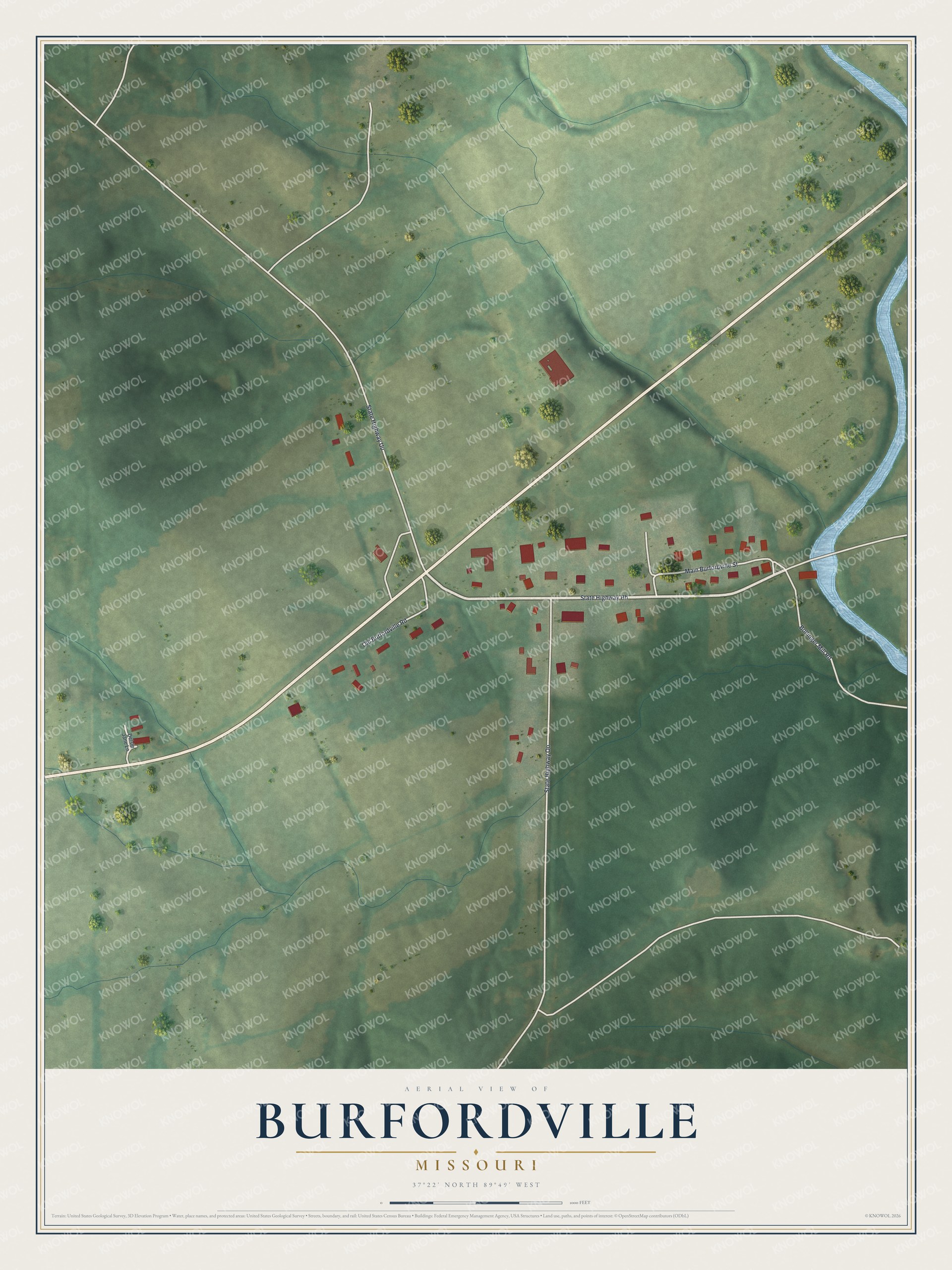 Full map of Burfordville, Missouri, with red buildings, printed street names and the land around them