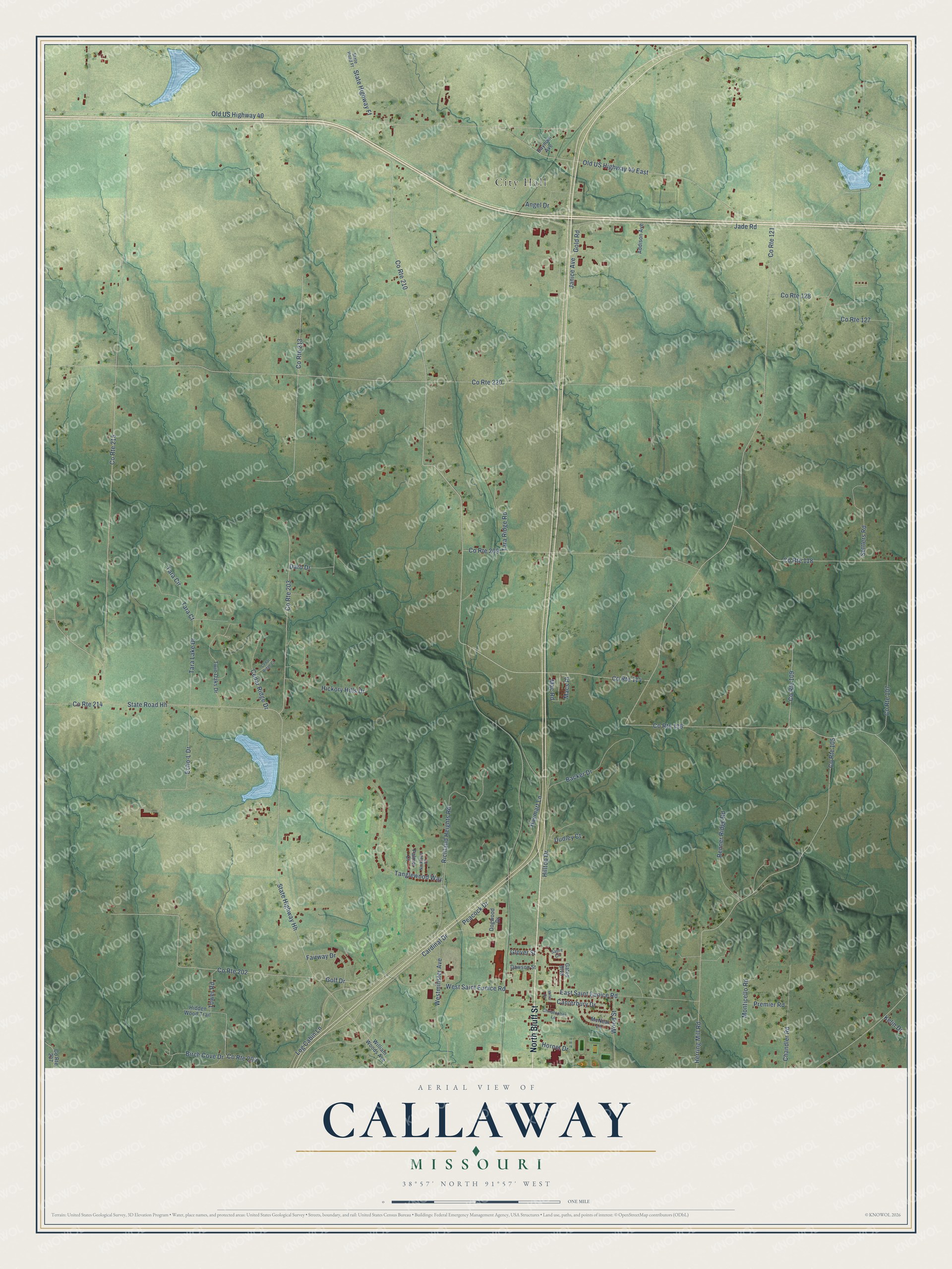 Full map of Callaway, Missouri, with red buildings, printed street names and the land around them