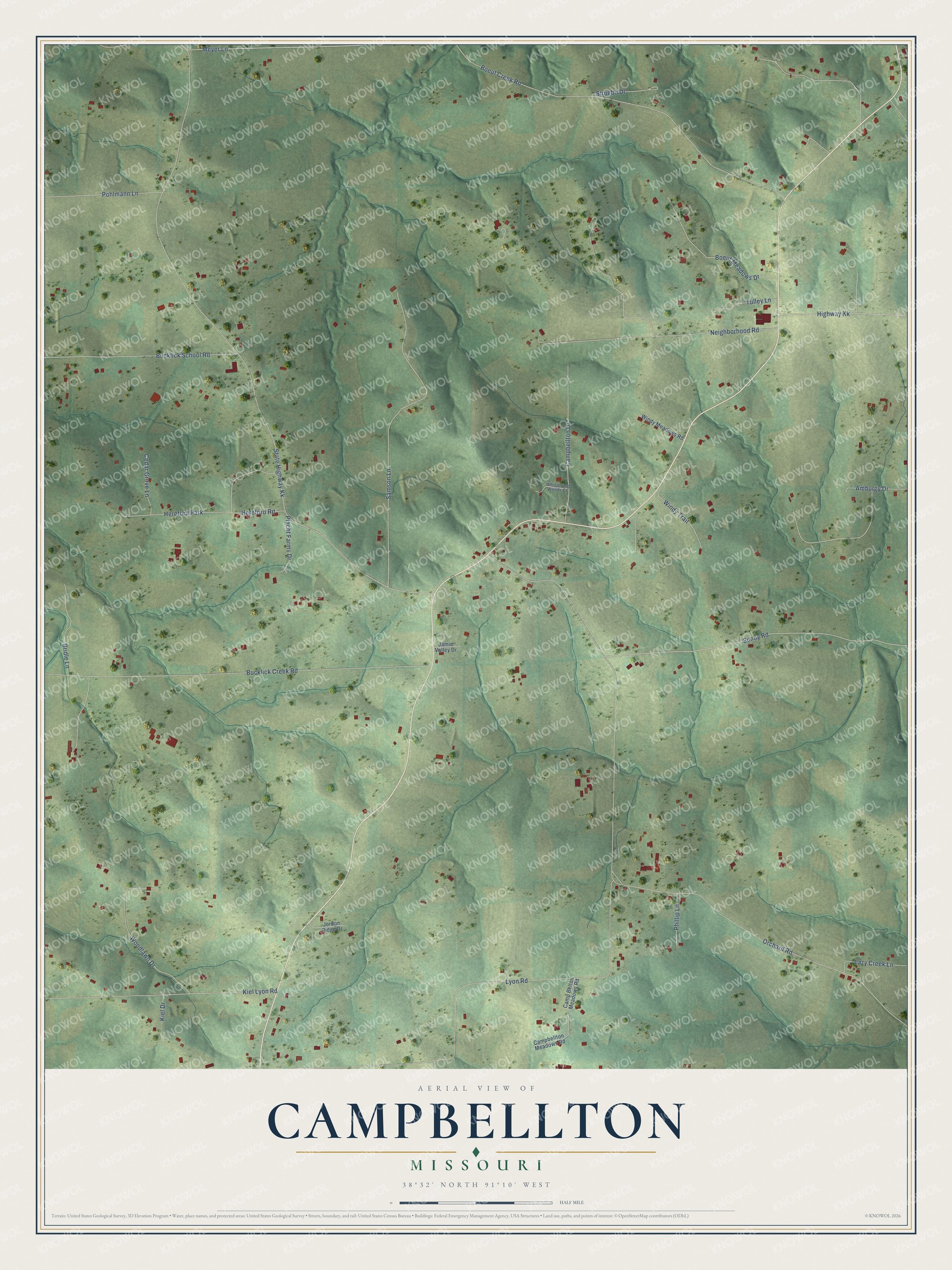 Full map of Campbellton, Missouri, with red buildings, printed street names and the land around them