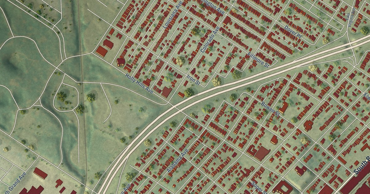Close-up of streets and buildings in Carondelet, Missouri