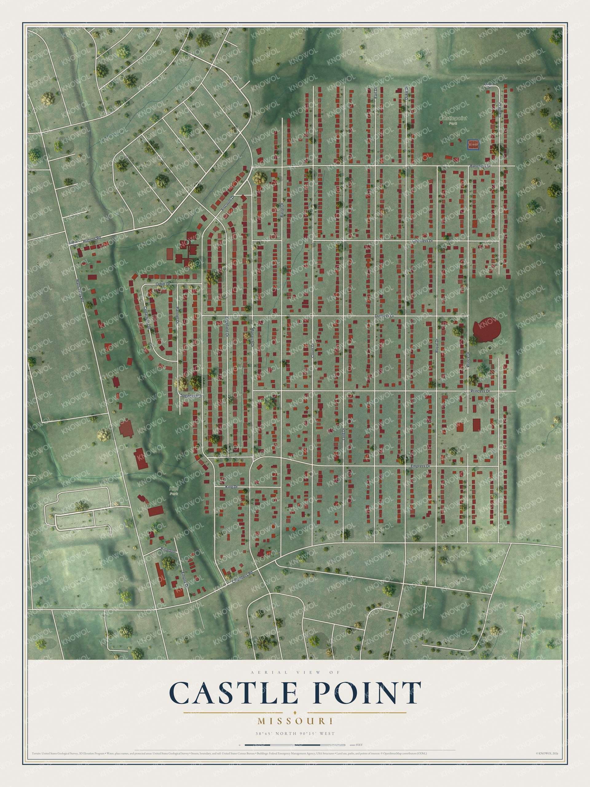 Full map of Castle Point, Missouri, with red buildings, printed street names and the land around them