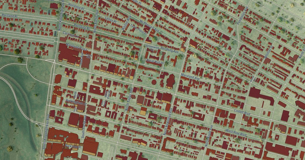 Close-up of streets and buildings in Central West End, Missouri