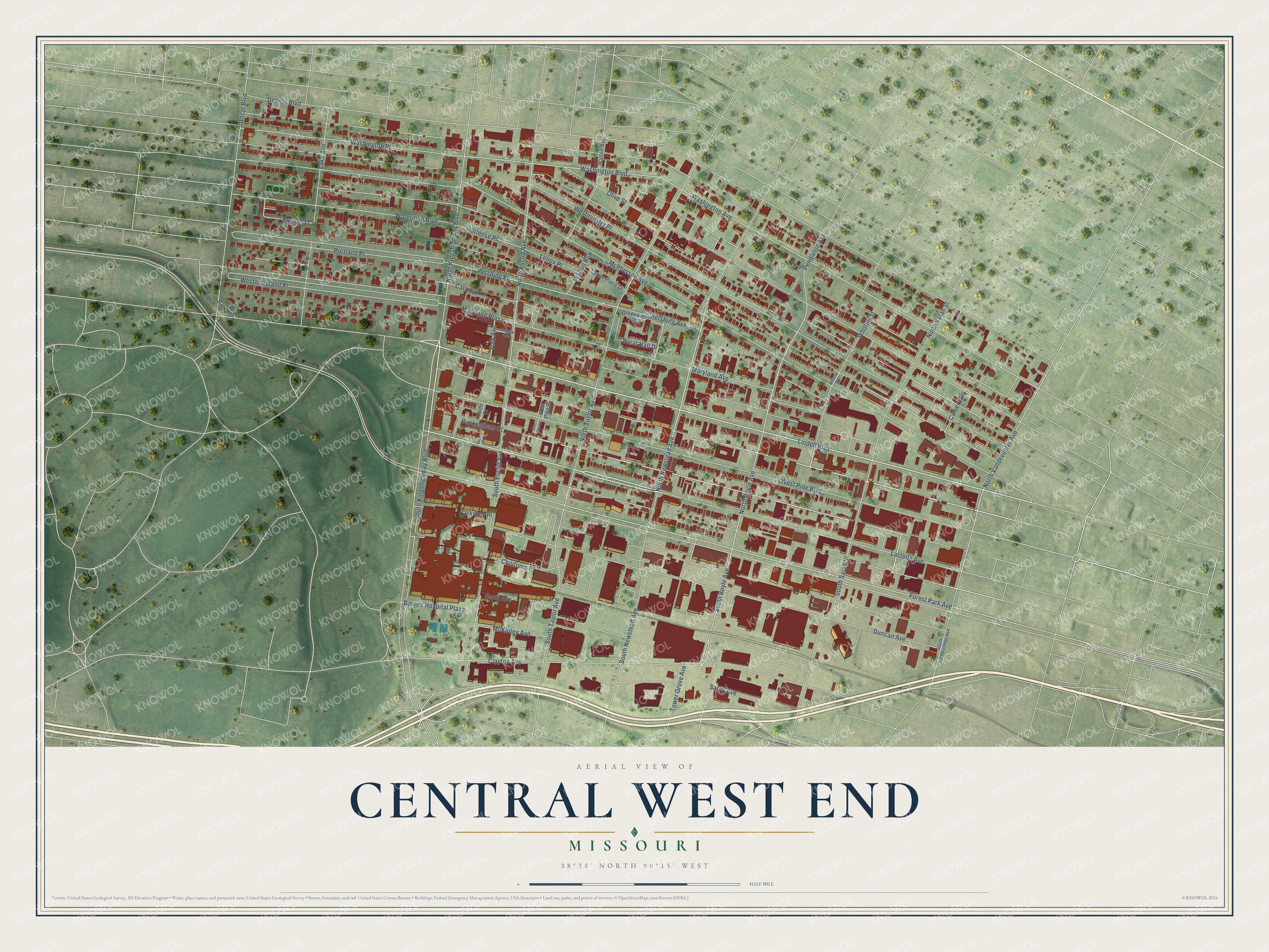Full map of Central West End, Missouri, with red buildings, printed street names and the land around them