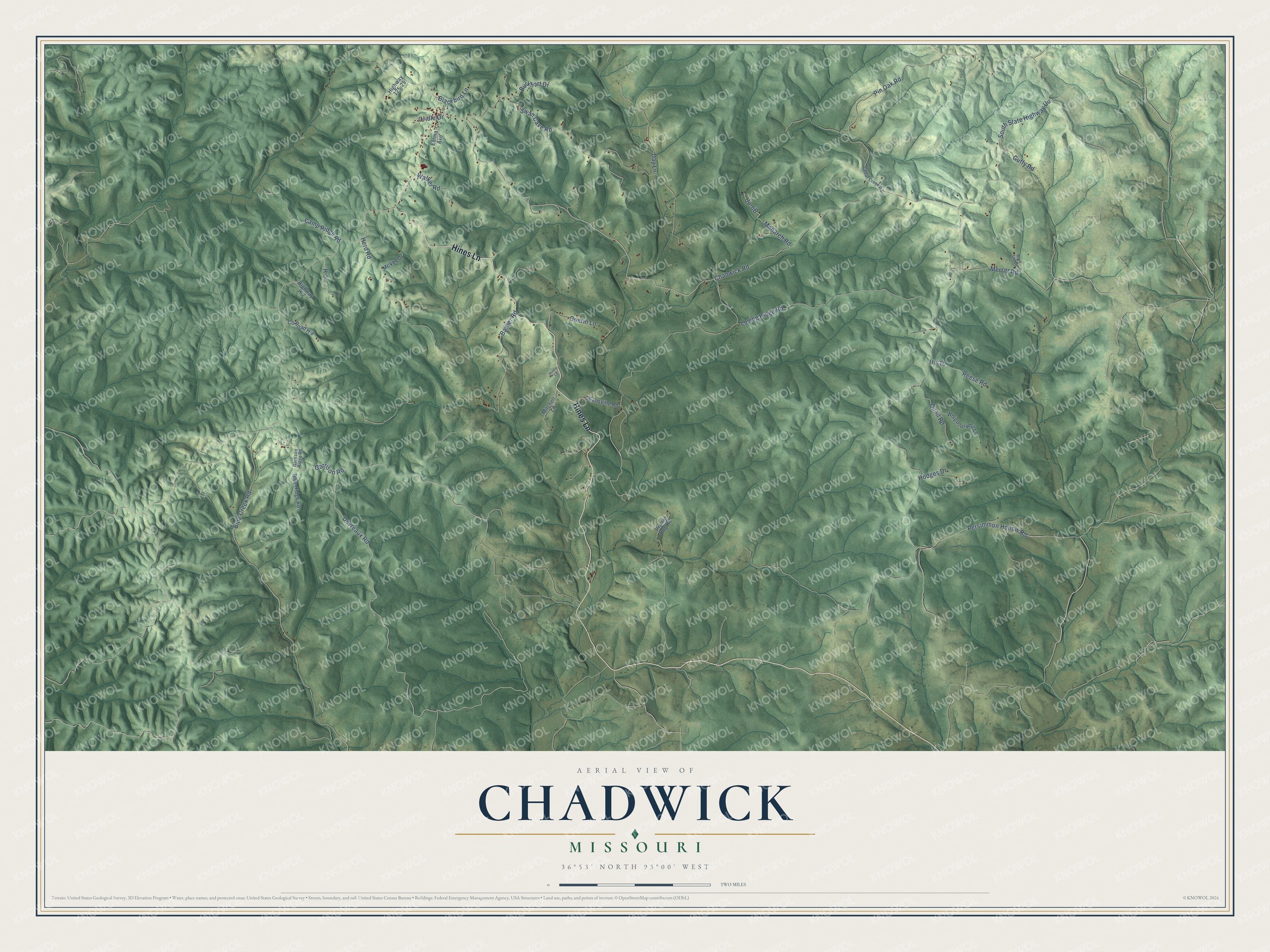 Full map of Chadwick, Missouri, with red buildings, printed street names and the land around them