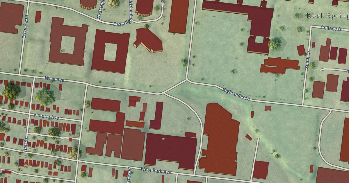Close-up of streets and buildings in Cheltenham, Missouri