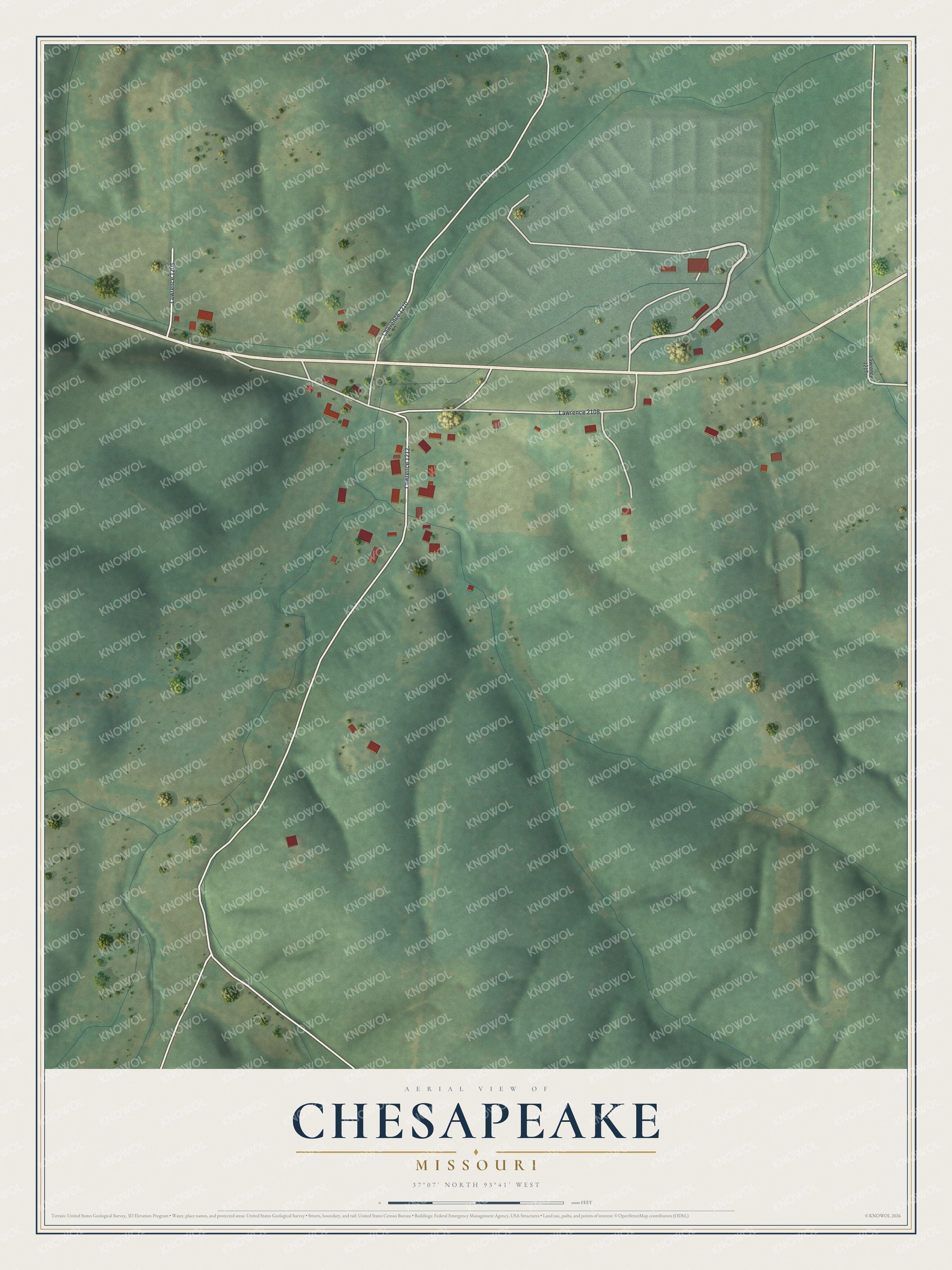 Full map of Chesapeake, Missouri, with red buildings, printed street names and the land around them