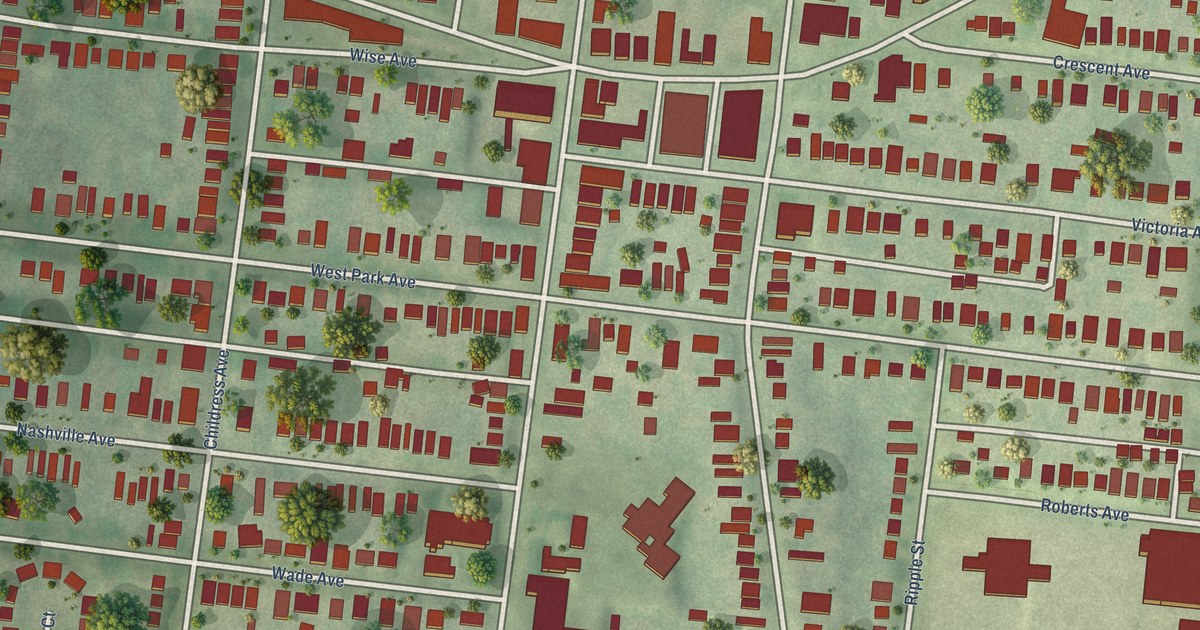 Close-up of streets and buildings in Clayton-Tamm, Missouri