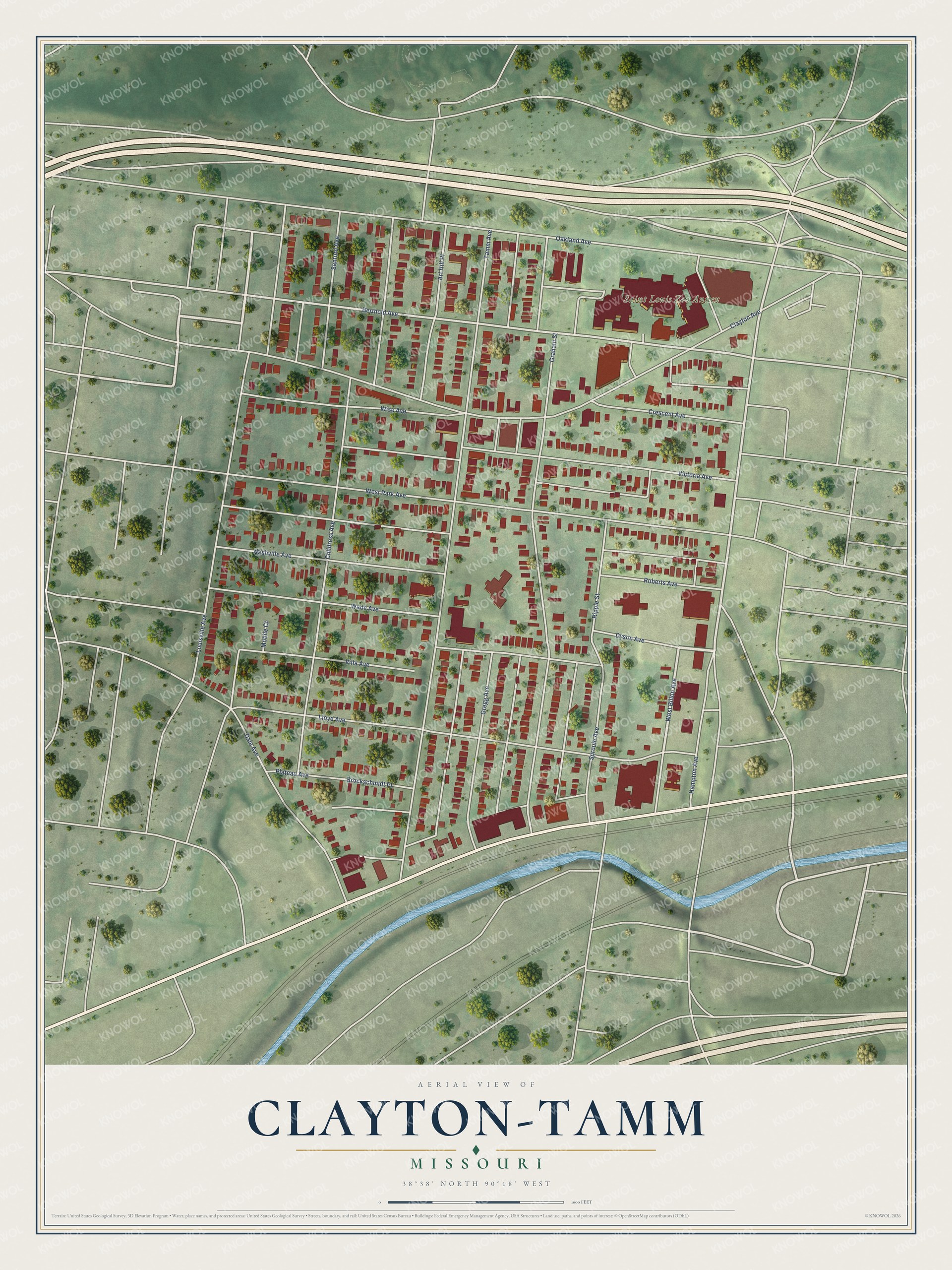 Full map of Clayton-Tamm, Missouri, with red buildings, printed street names and the land around them