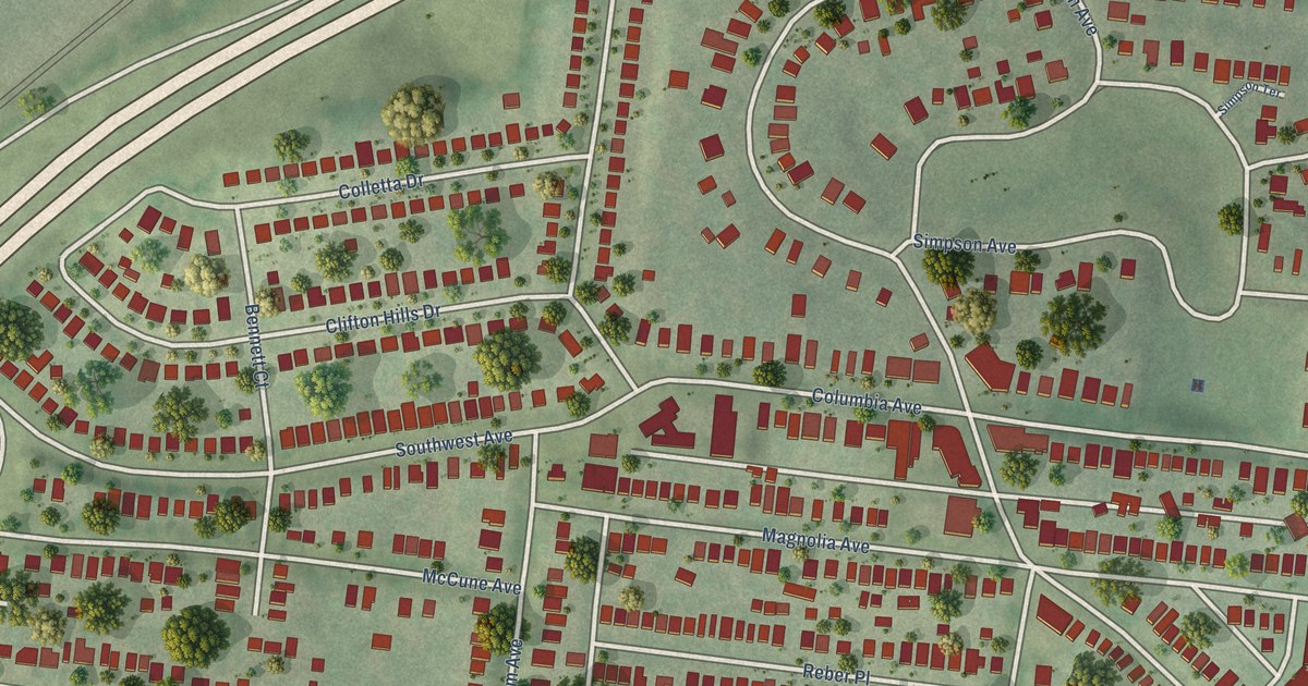 Close-up of streets and buildings in Clifton Heights, Missouri