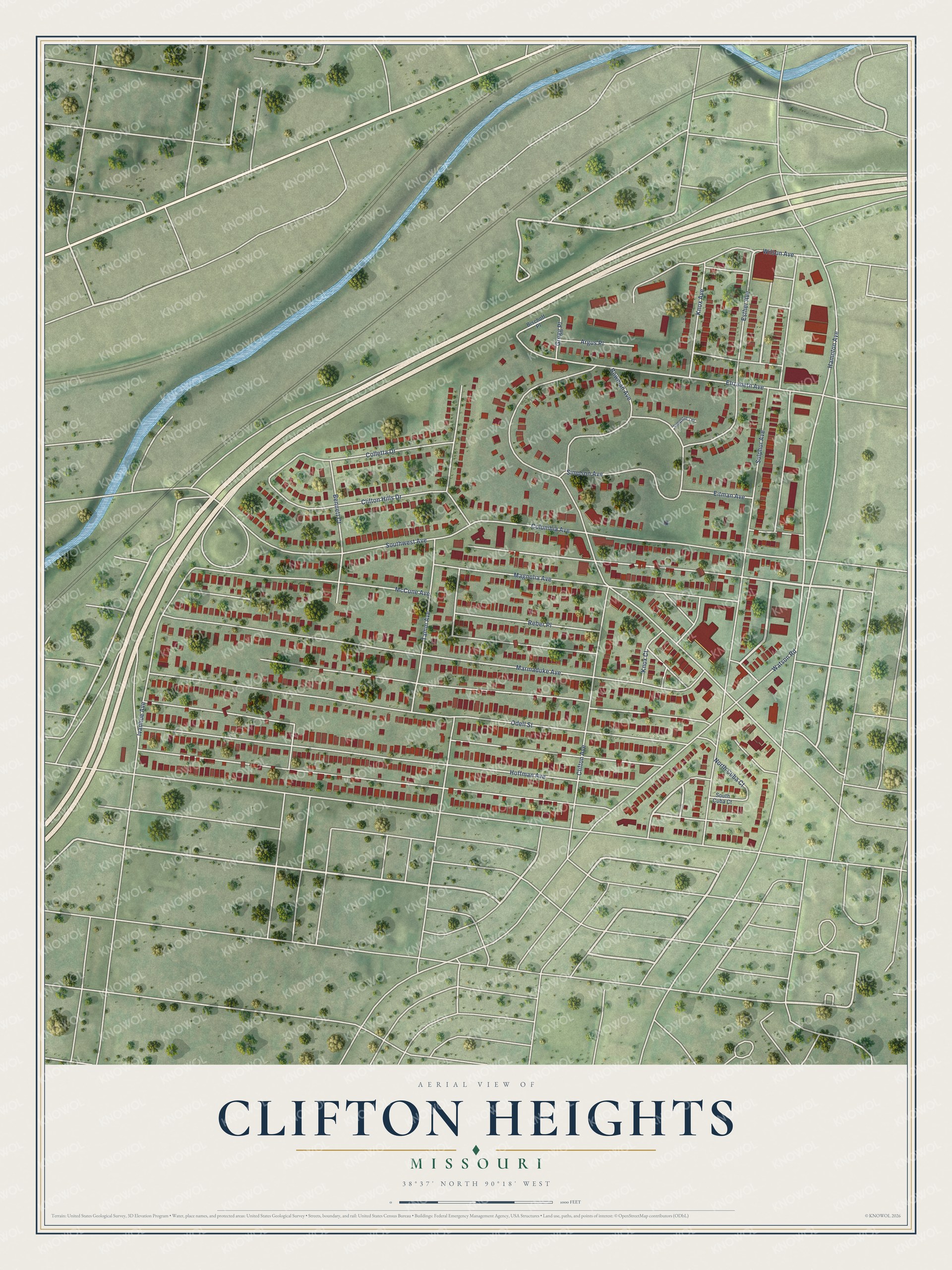 Full map of Clifton Heights, Missouri, with red buildings, printed street names and the land around them