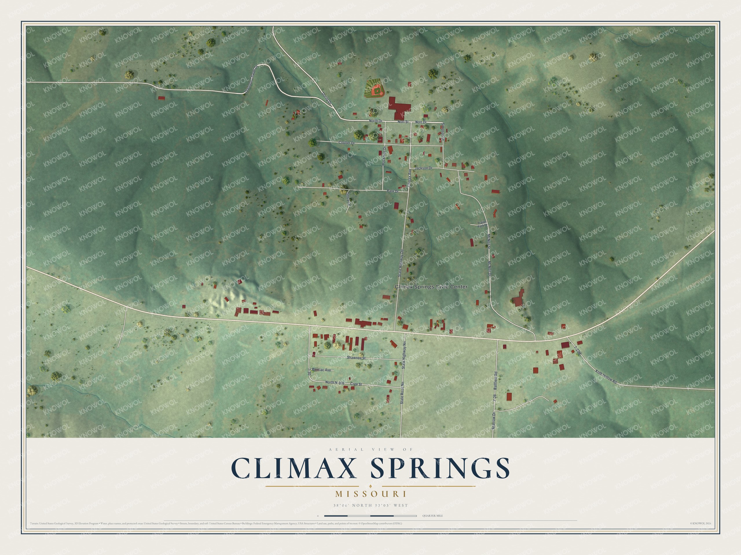 Full map of Climax Springs, Missouri, with red buildings, printed street names and the land around them