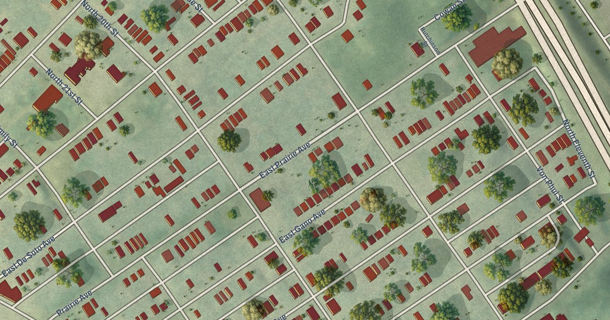 Close-up of streets and buildings in College Hill, Missouri