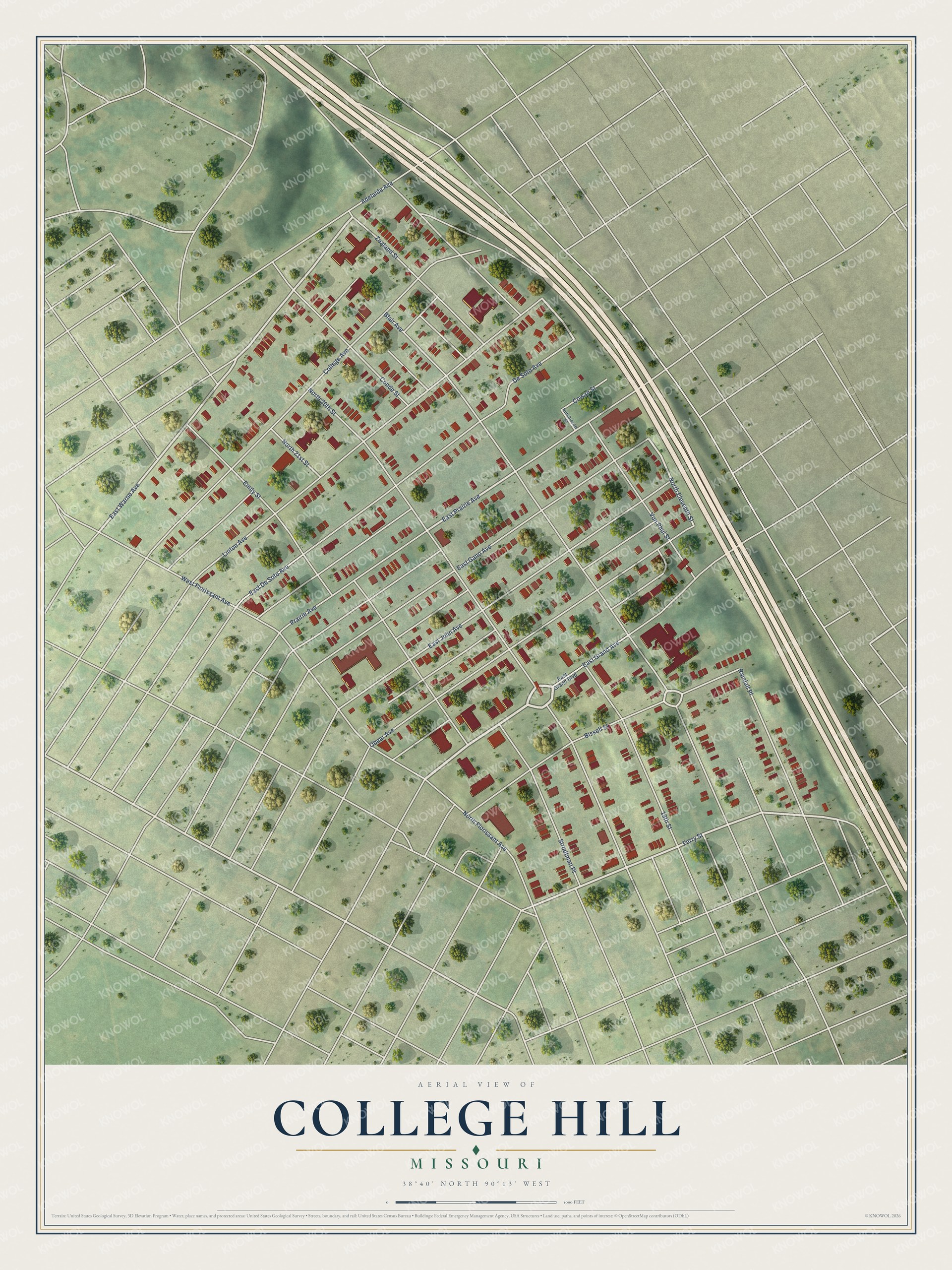 Full map of College Hill, Missouri, with red buildings, printed street names and the land around them