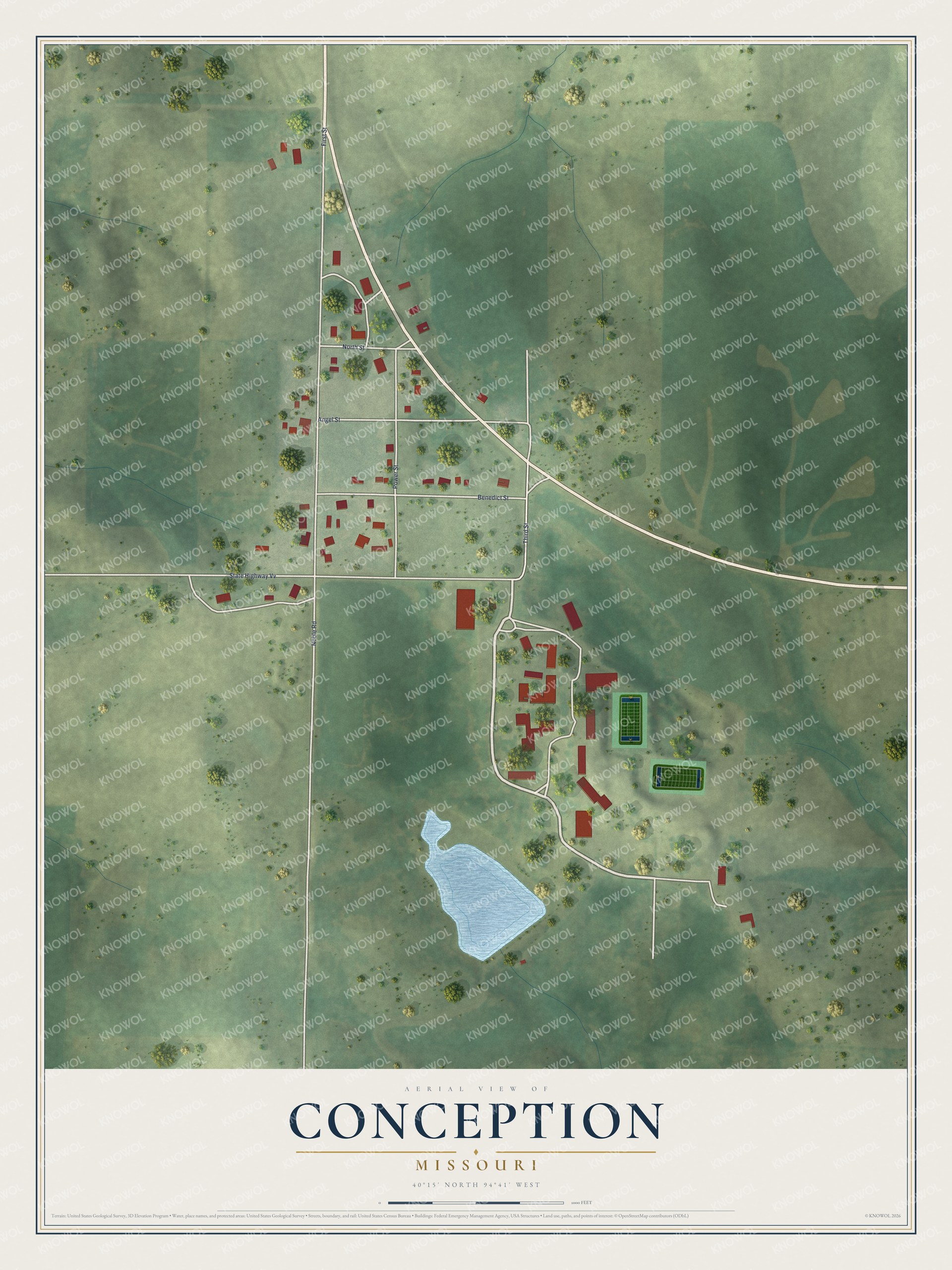 Full map of Conception, Missouri, with red buildings, printed street names and the land around them