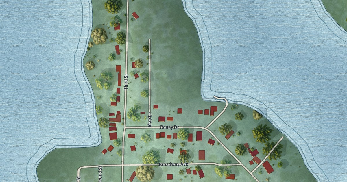 Close-up of streets and buildings in Coney Island, Missouri