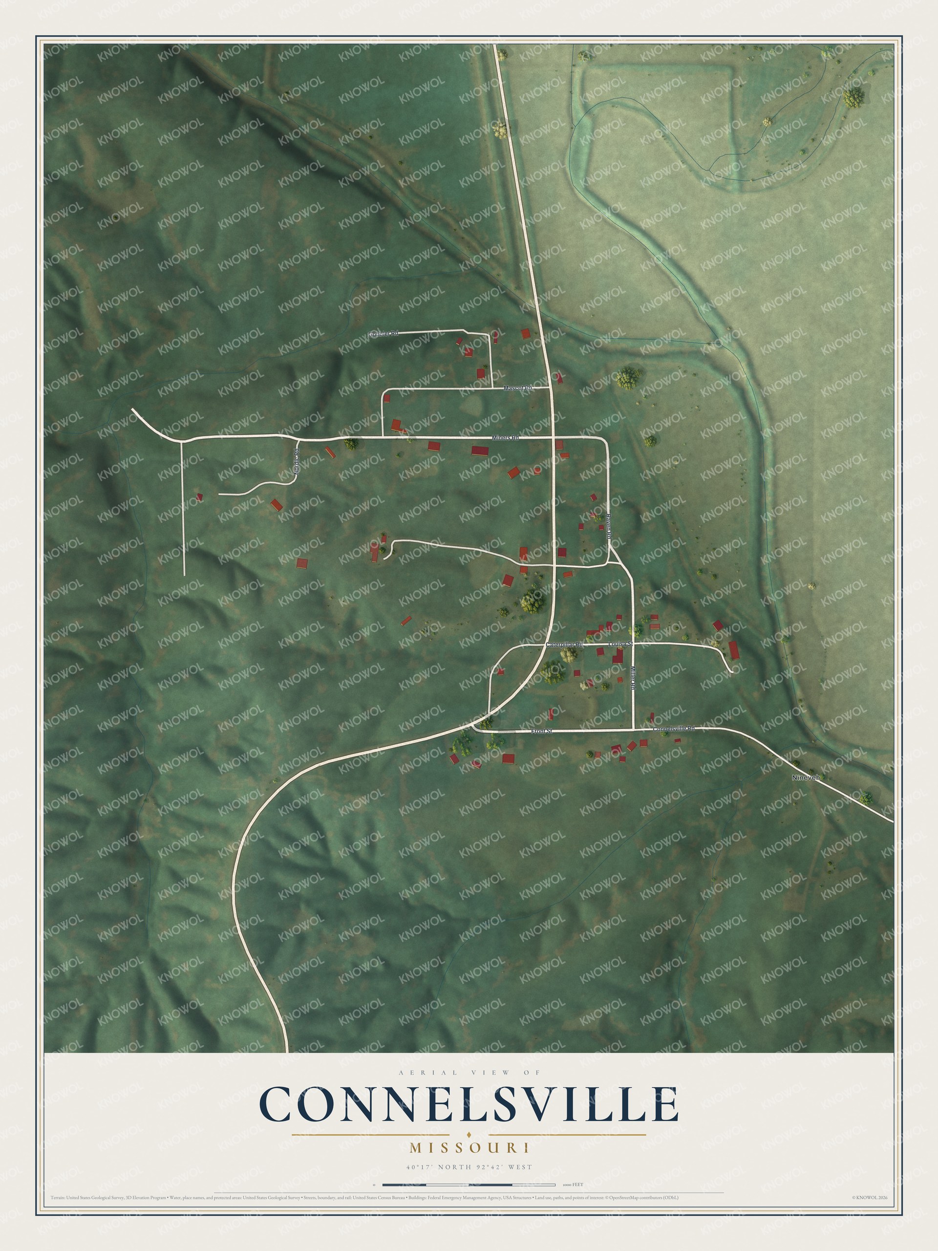 Full map of Connelsville, Missouri, with red buildings, printed street names and the land around them