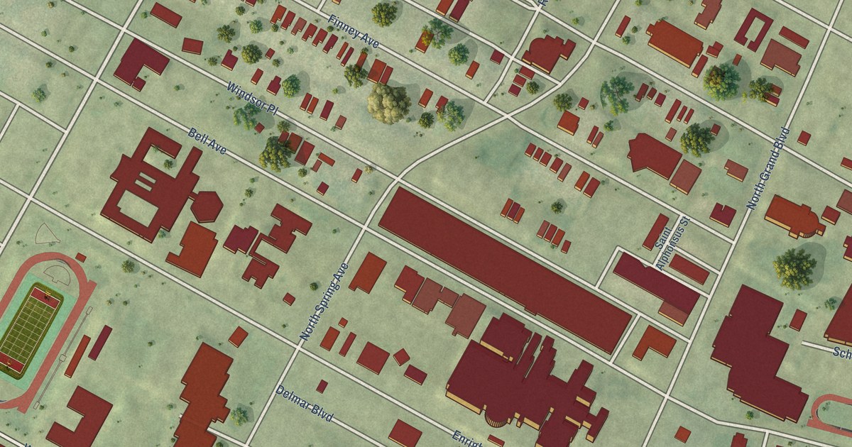 Close-up of streets and buildings in Covenant Blu-Grand Center, Missouri