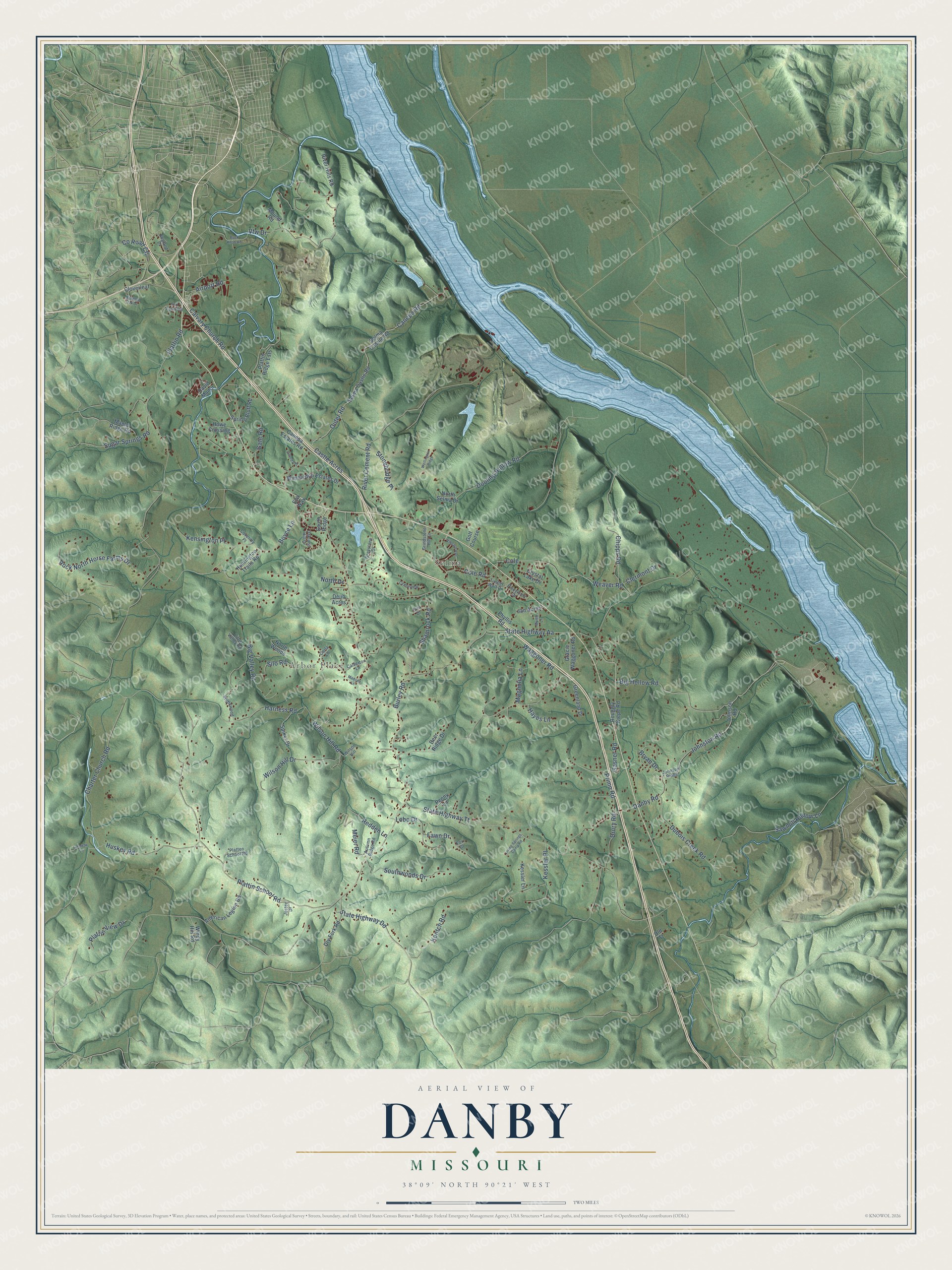 Full map of Danby, Missouri, with red buildings, printed street names and the land around them
