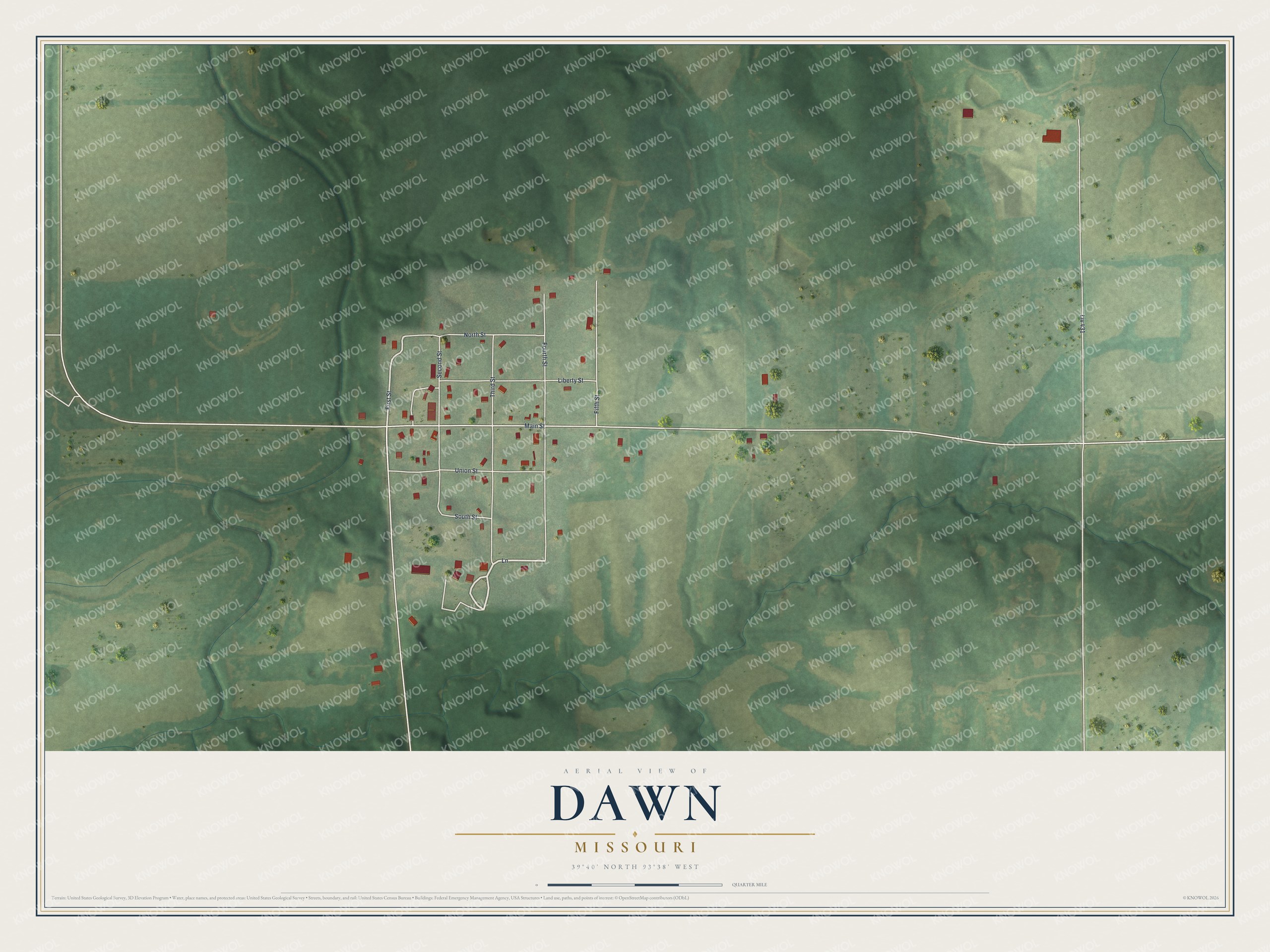 Full map of Dawn, Missouri, with red buildings, printed street names and the land around them