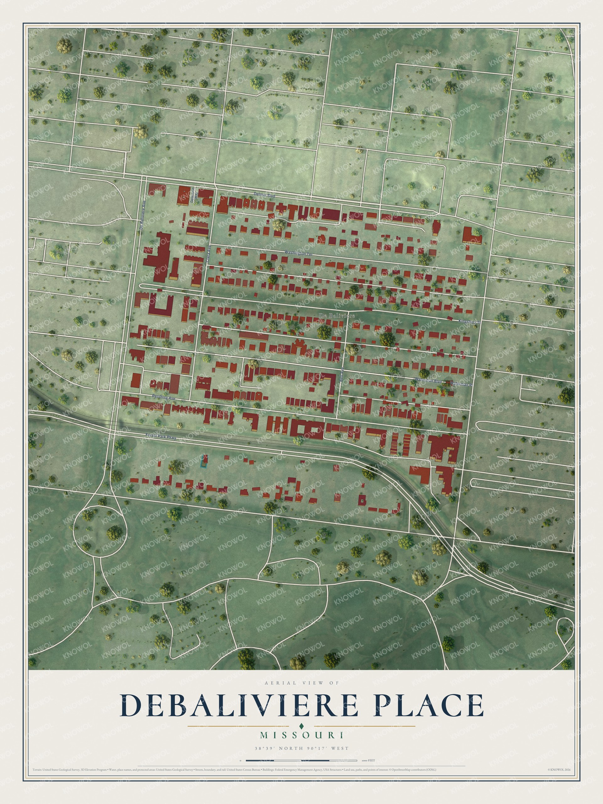 Watermarked full-map preview of DeBaliviere Place, Missouri
