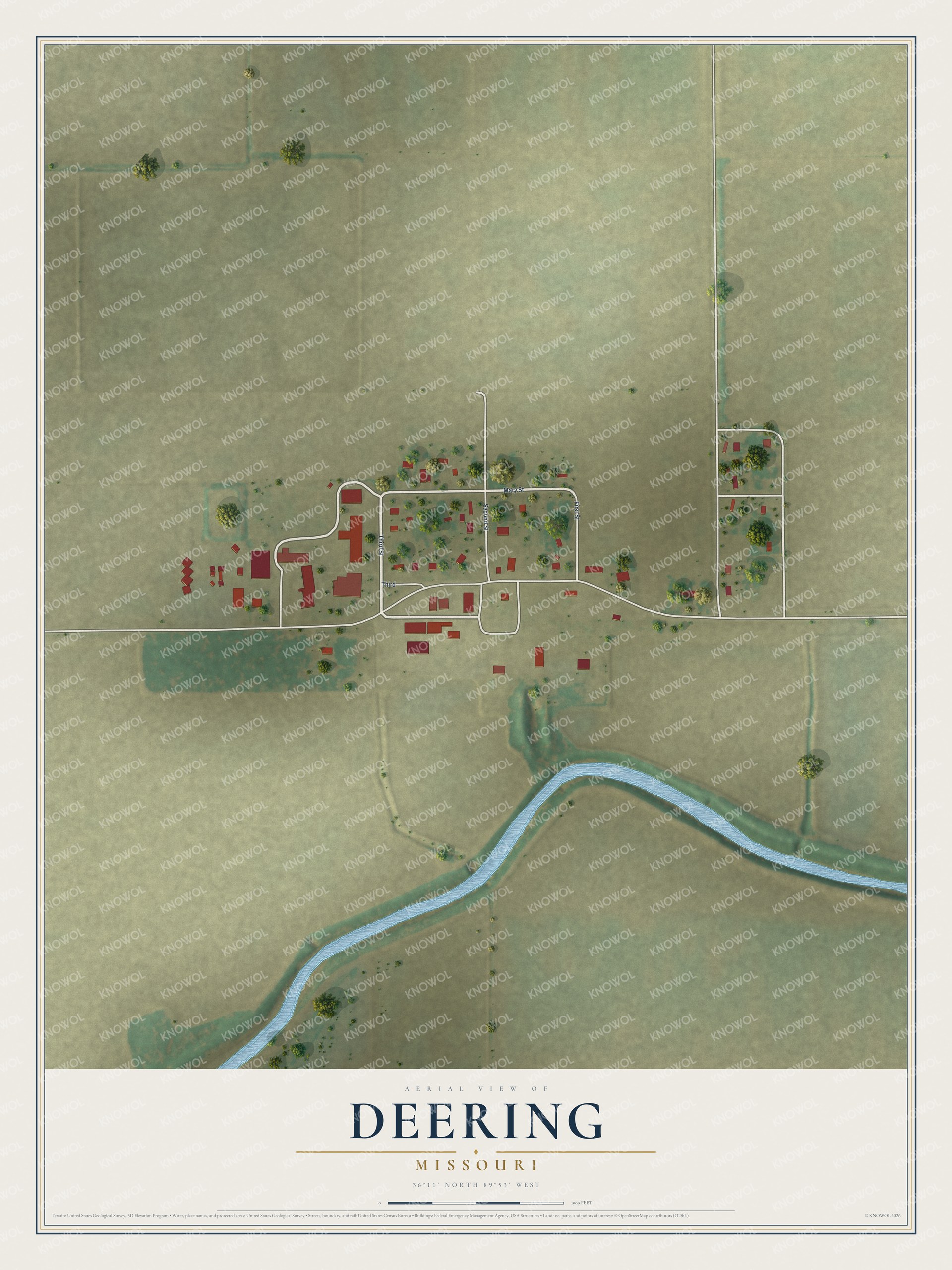 Full map of Deering, Missouri, with red buildings, printed street names and the land around them