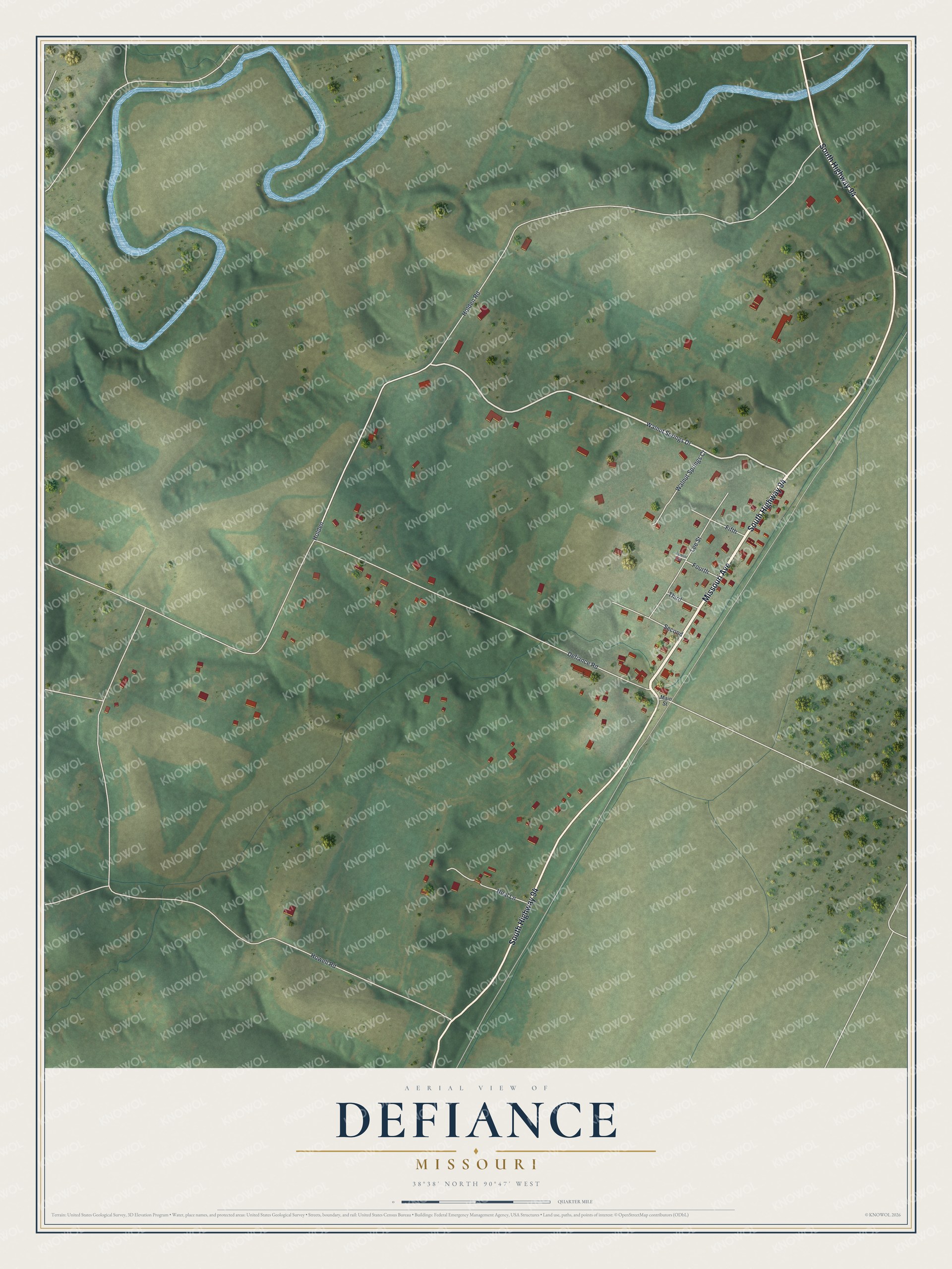 Full map of Defiance, Missouri, with red buildings, printed street names and the land around them