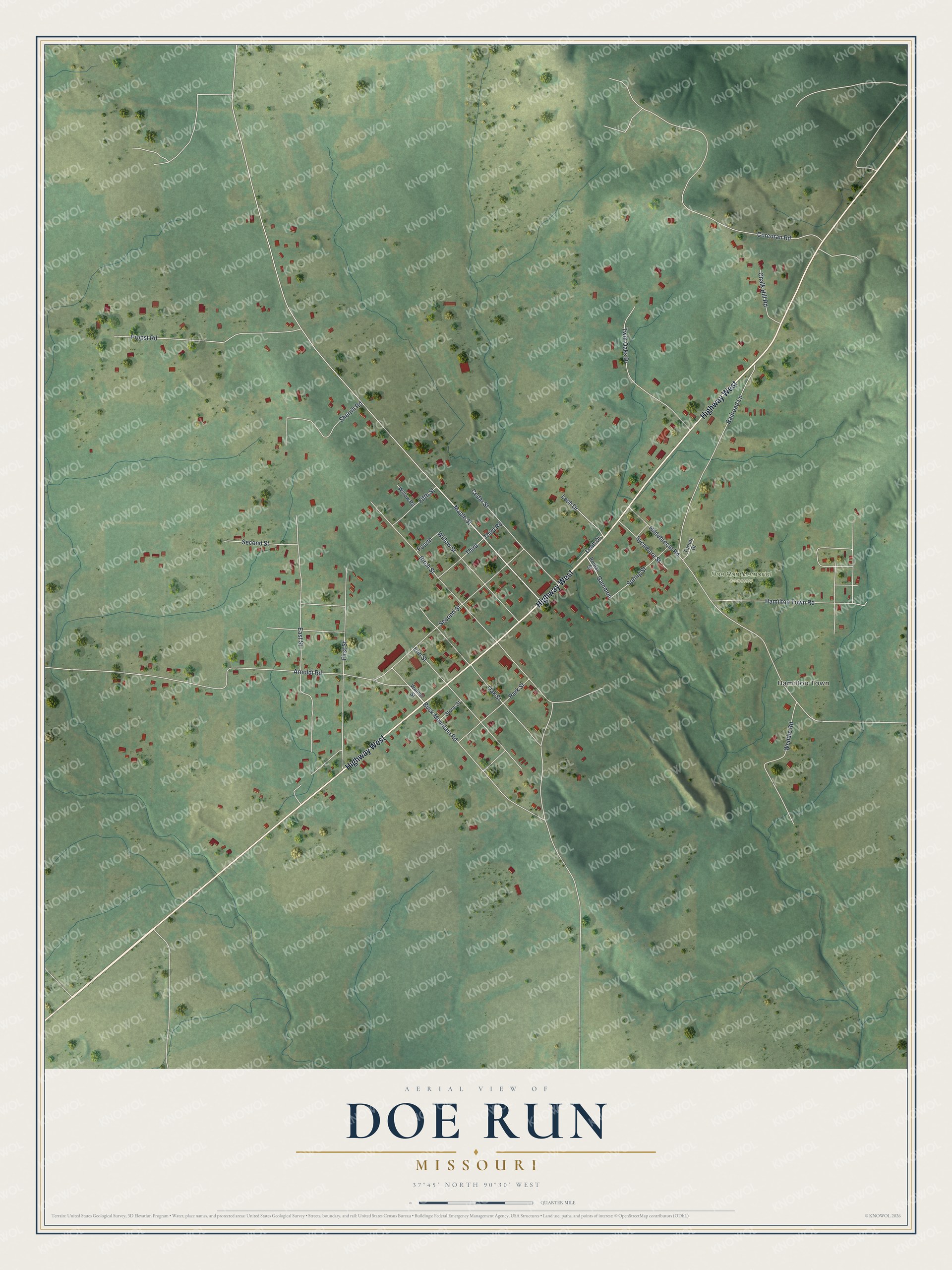 Full map of Doe Run, Missouri, with red buildings, printed street names and the land around them