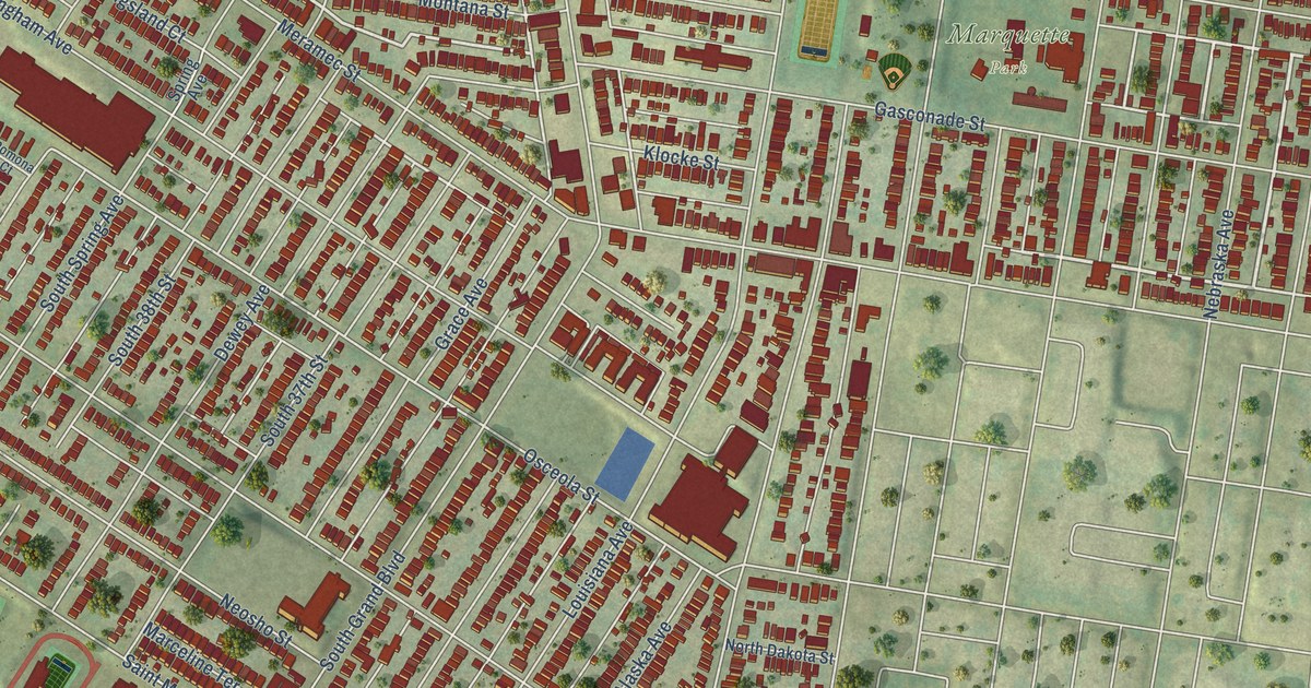 Close-up of streets and buildings in Dutchtown, St. Louis, Missouri