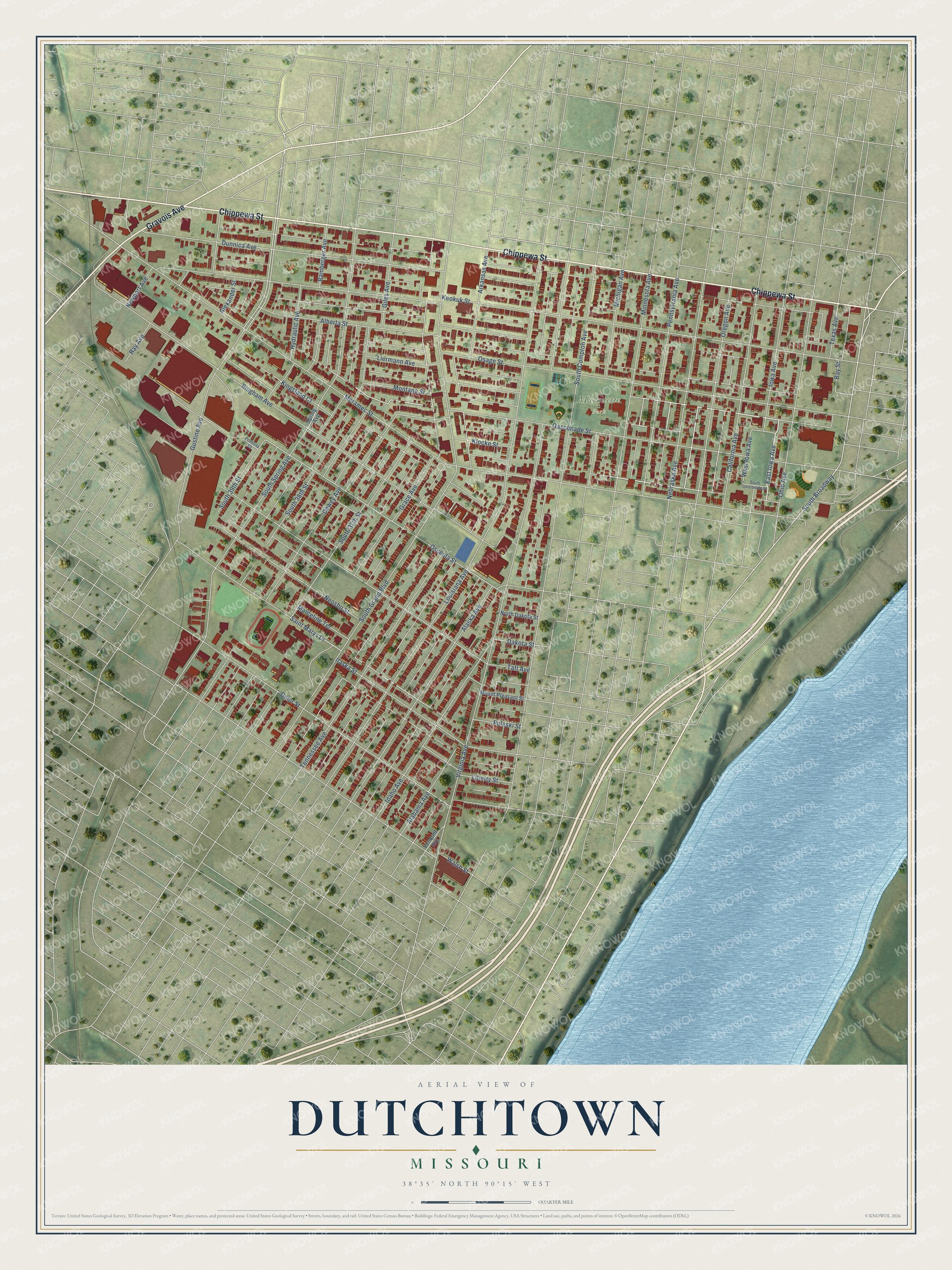Full map of Dutchtown, Missouri, with red buildings, printed street names and the land around them