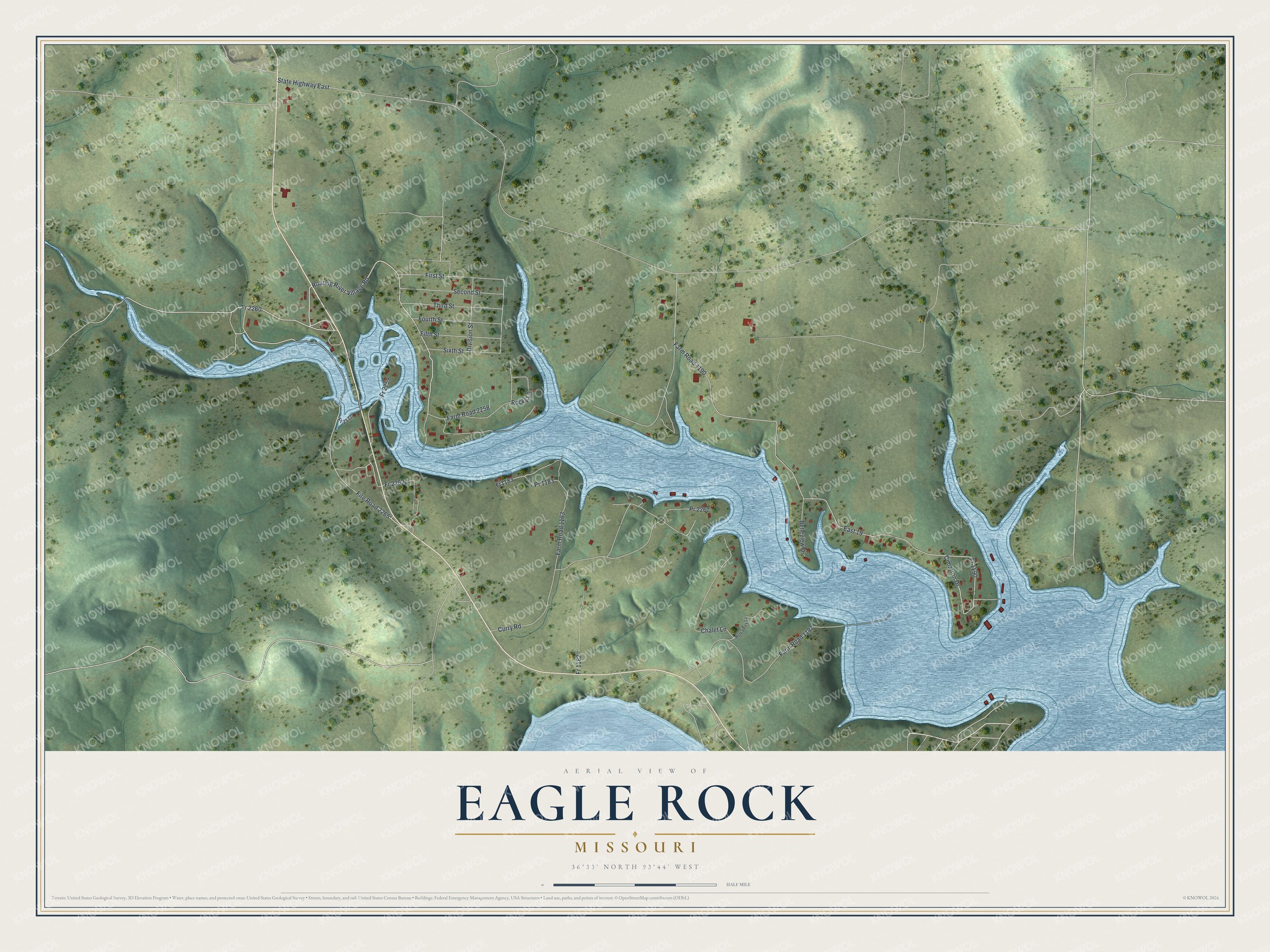 Full map of Eagle Rock, Missouri, with red buildings, printed street names and the land around them