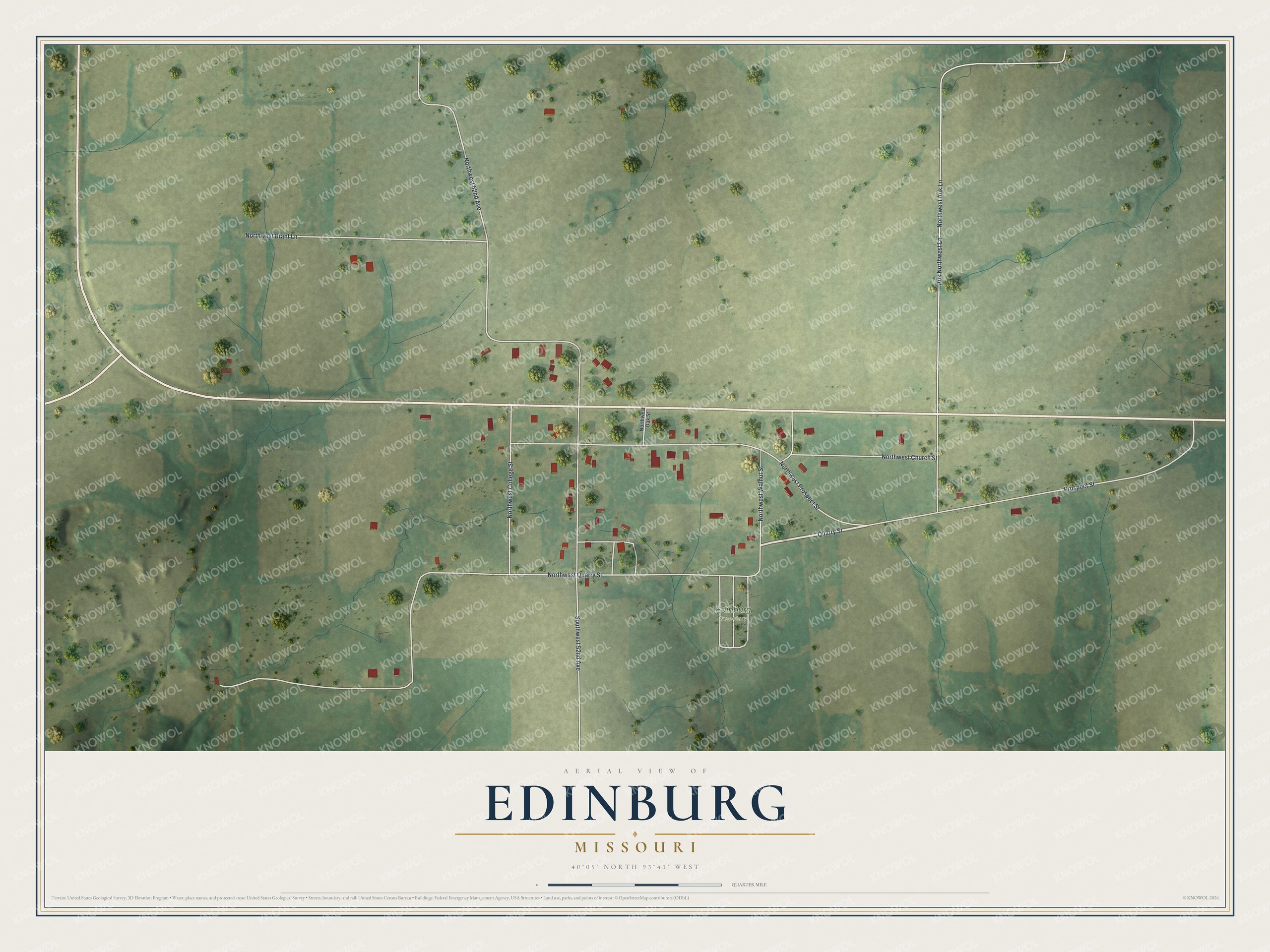 Full map of Edinburg, Missouri, with red buildings, printed street names and the land around them
