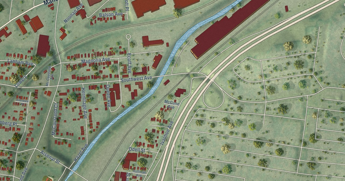 Close-up of streets and buildings in Ellendale, Missouri