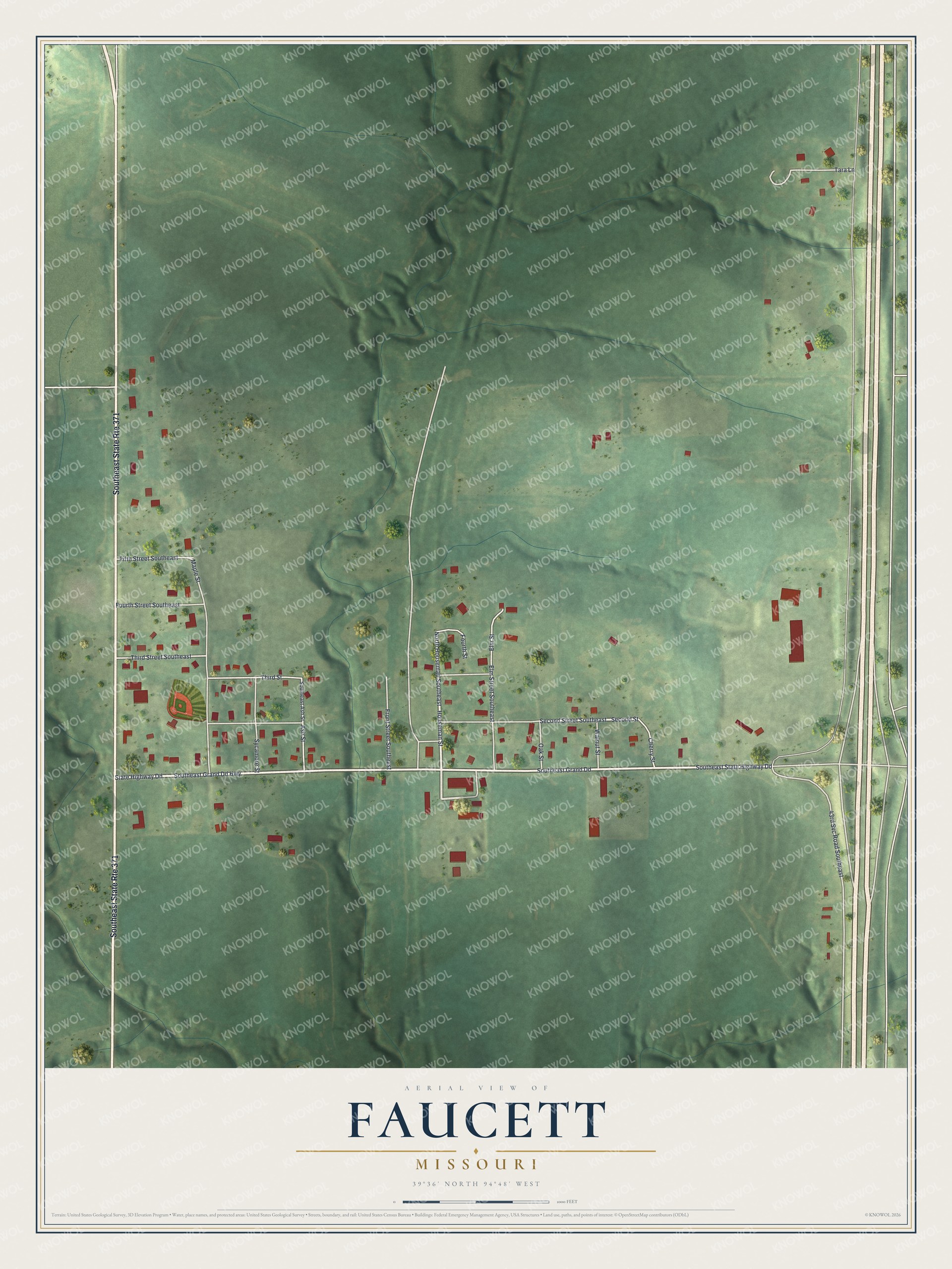 Full map of Faucett, Missouri, with red buildings, printed street names and the land around them